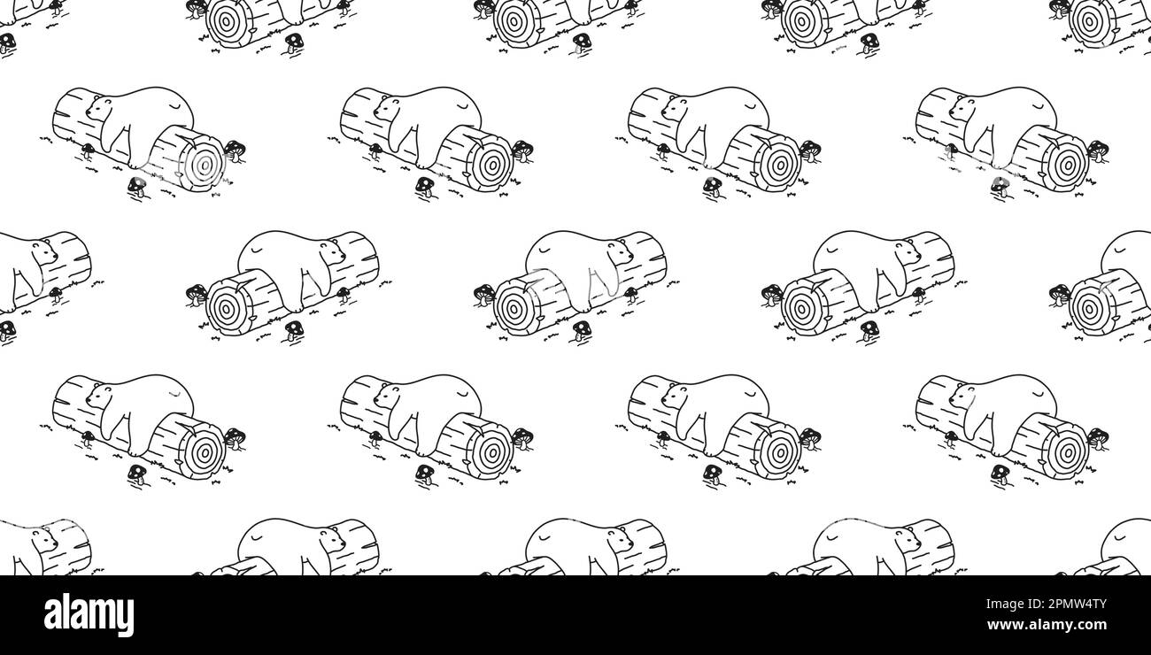 Bärenmuster Polar Bear Sleep Log Pilze isolierter Doodle Tapete Hintergrund Stock Vektor