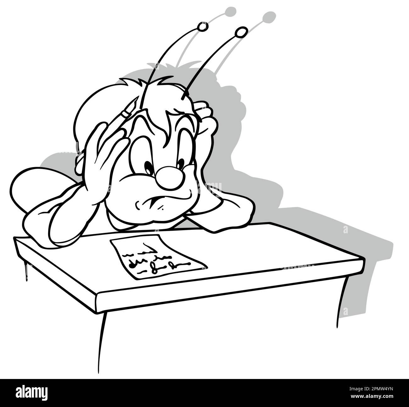 Zeichnung eines Käfers, der in einem Schulschreibtisch sitzt Stock Vektor