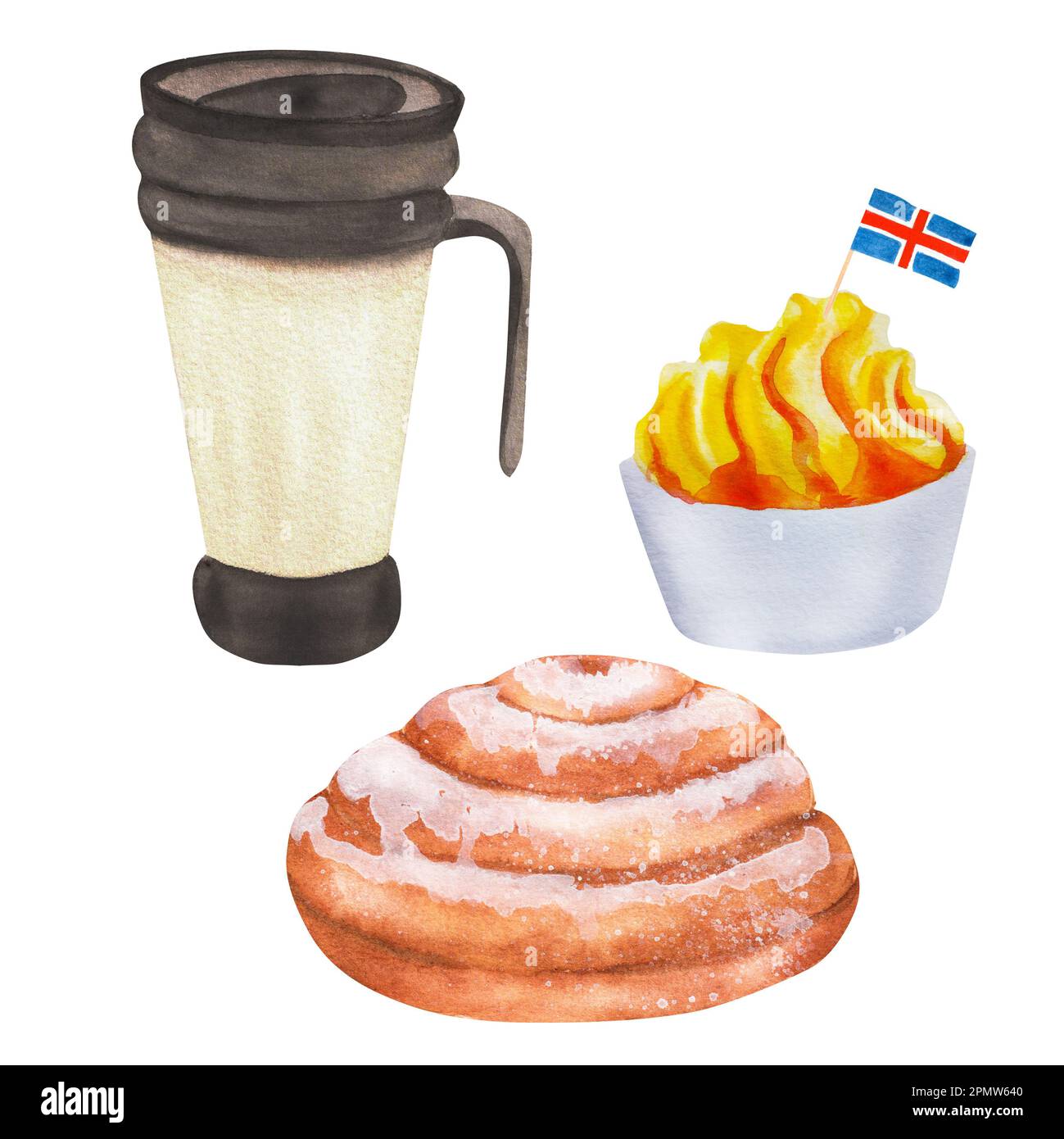 Handgezeichnete Aquarellobjekte: Eine Tasse, ein Eis und ein Brötchen mit Glasur. Ein Teil der großen ISLÄNDISCHEN Illustrationen Stockfoto