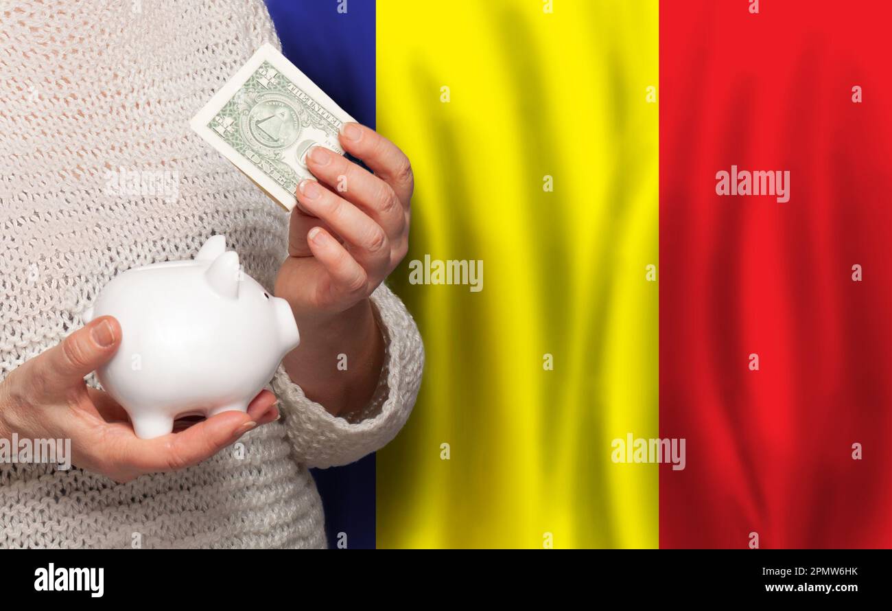 Rumänische Frau mit Geldbank im Hintergrund der rumänischen Flagge. Punkte, Pensionsfonds, Armut, Wohlstand, Altersvorsorge Stockfoto