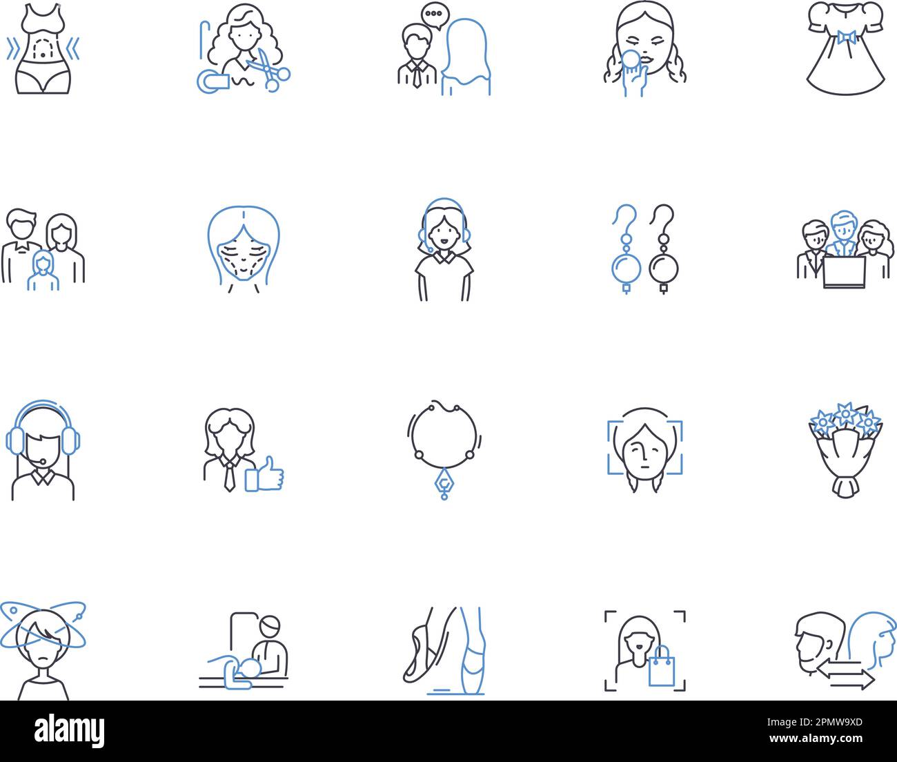 Girl Outline Icons Kollektion. Mädchen, Weiblich, Lady, Jungfrau, Tochter, Chick, Gal Vektor und Illustration Konzeptset. Miss, Mademoiselle Linear Stock Vektor