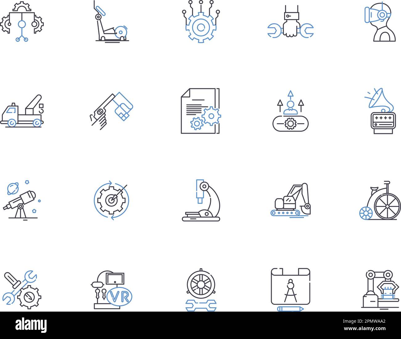 Die Mechanik umreißt die Symbolsammlung. Mechanik, Reparatur, Motor, Automobil, Technik, Konzeptsatz für Drehmoment, Reibungsvektor und Illustration Stock Vektor