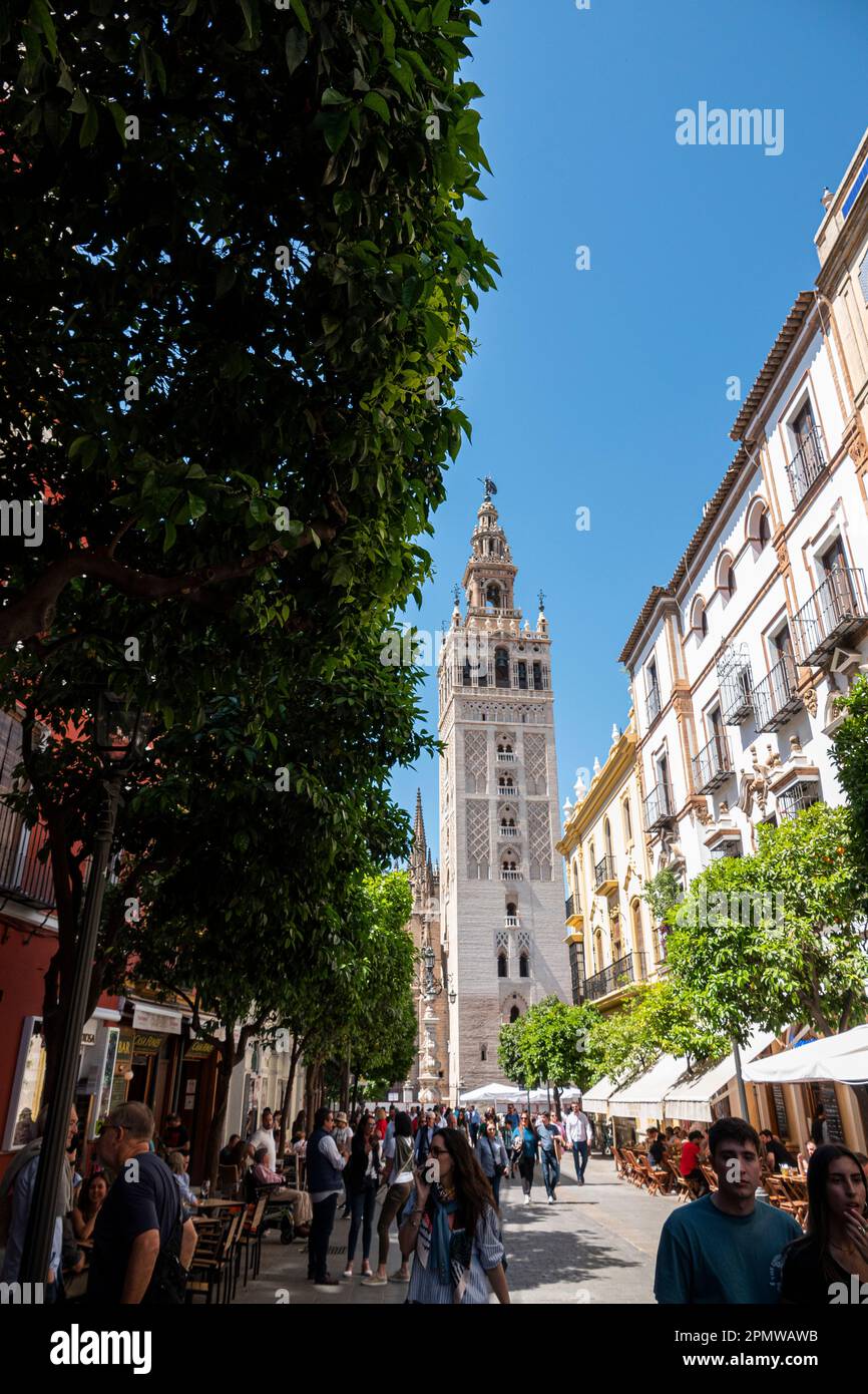 Bild des Giralda-Turms von Sevilla durch die Straßen von Sevilla. Stockfoto