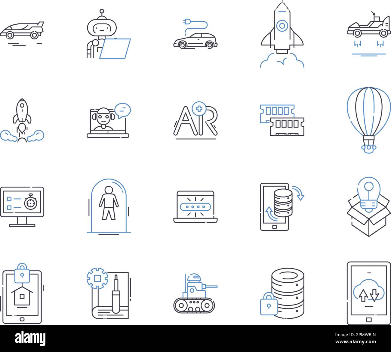 Künstliche Intelligenz – Symbolsammlung. KI, Deep Learning, maschinelles Lernen, Robotik, neuronale Netzwerke, Natürliche Sprachverarbeitung Stock Vektor
