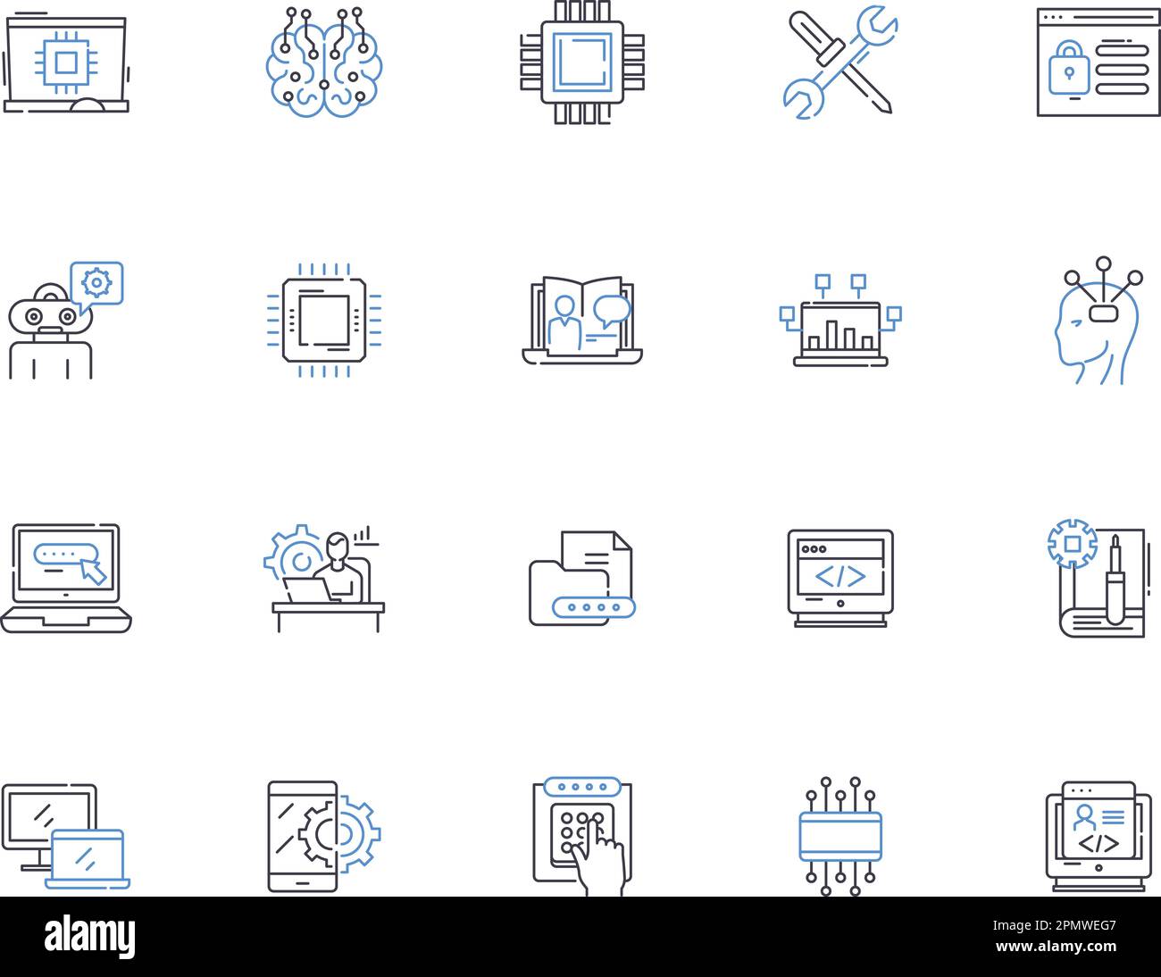 Sammlung von Programmsymbolen. Programm, Programm, Programmierung, Pläne, Skripte, Algorithmen, Codes, Vektor und Illustrationskonzept. Fließfähigkeit Stock Vektor