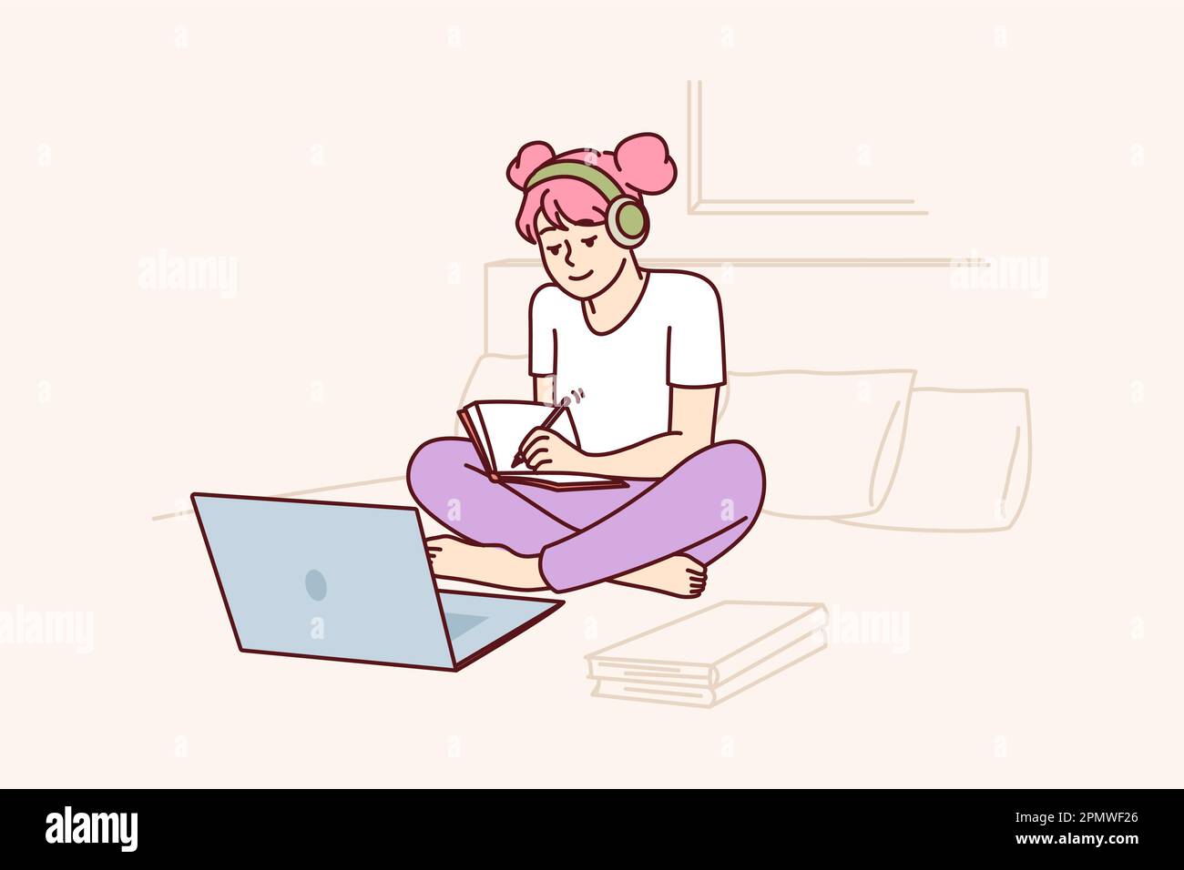 Das Schulmädchen sieht sich ein Webinar auf einem Laptop an, erhält Fernunterricht, sitzt auf dem Bett und macht sich Notizen in einem Arbeitsbuch. Mädchen ist an Selbstunterricht beteiligt und sieht sich Webinare und informative Videos an Stock Vektor
