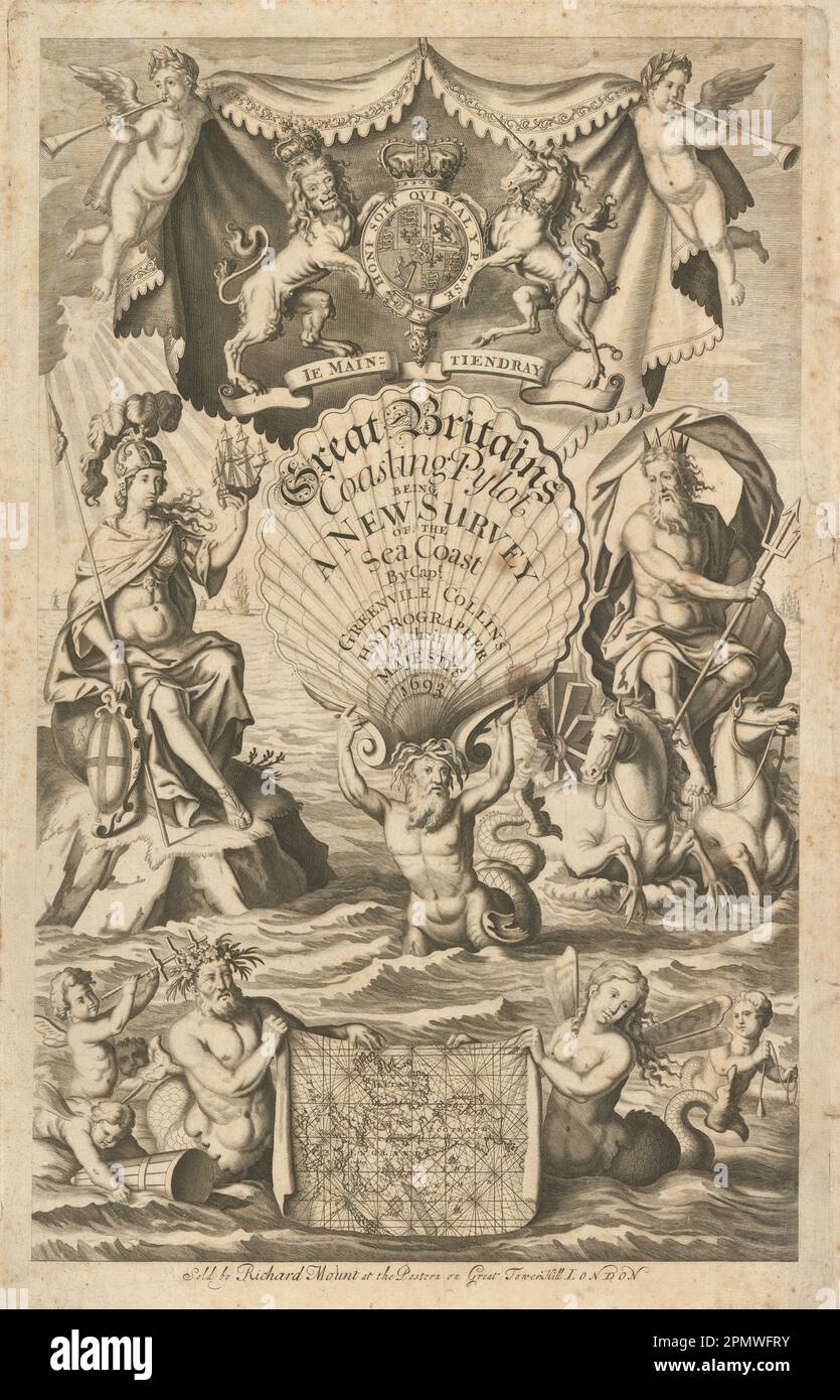 Dekorative Titelseite von Great Britain's Coasting Pilot. Captain G COLLINS 1693 Stockfoto