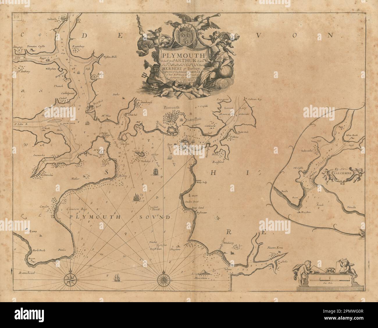 PLYMOUTH SOUND & SALCOMBE Seekarte. Kingsbridge Mündung. COLLINS 1693 alte Karte Stockfoto