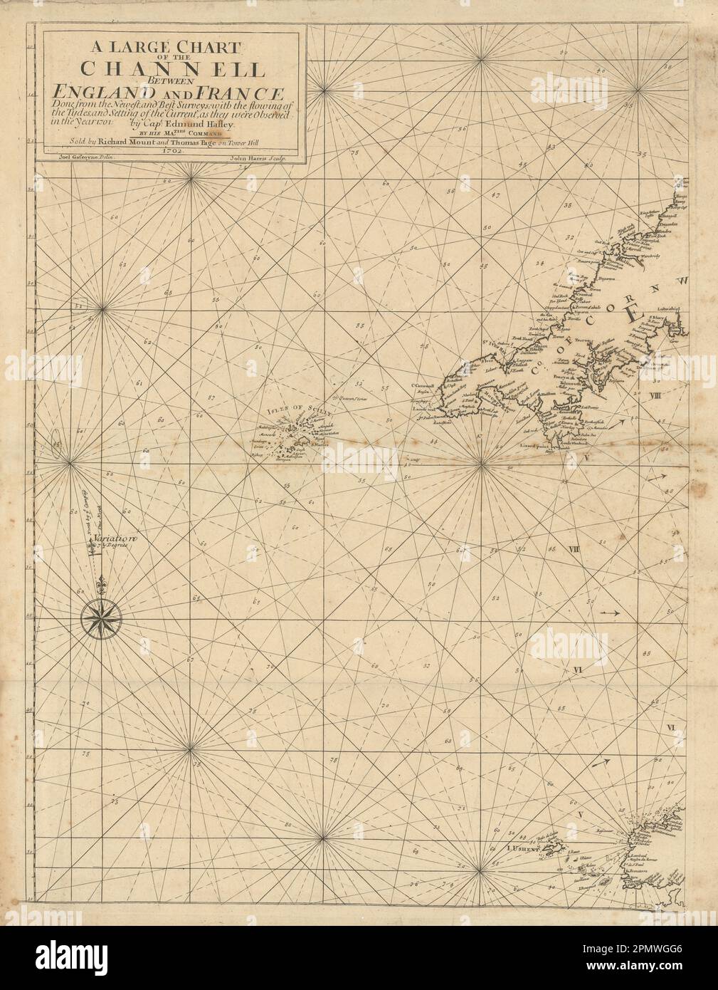 Kanal zwischen England und Frankreich. Westblatt. Cornwall Scillies. 1702-Karte LADEN Stockfoto