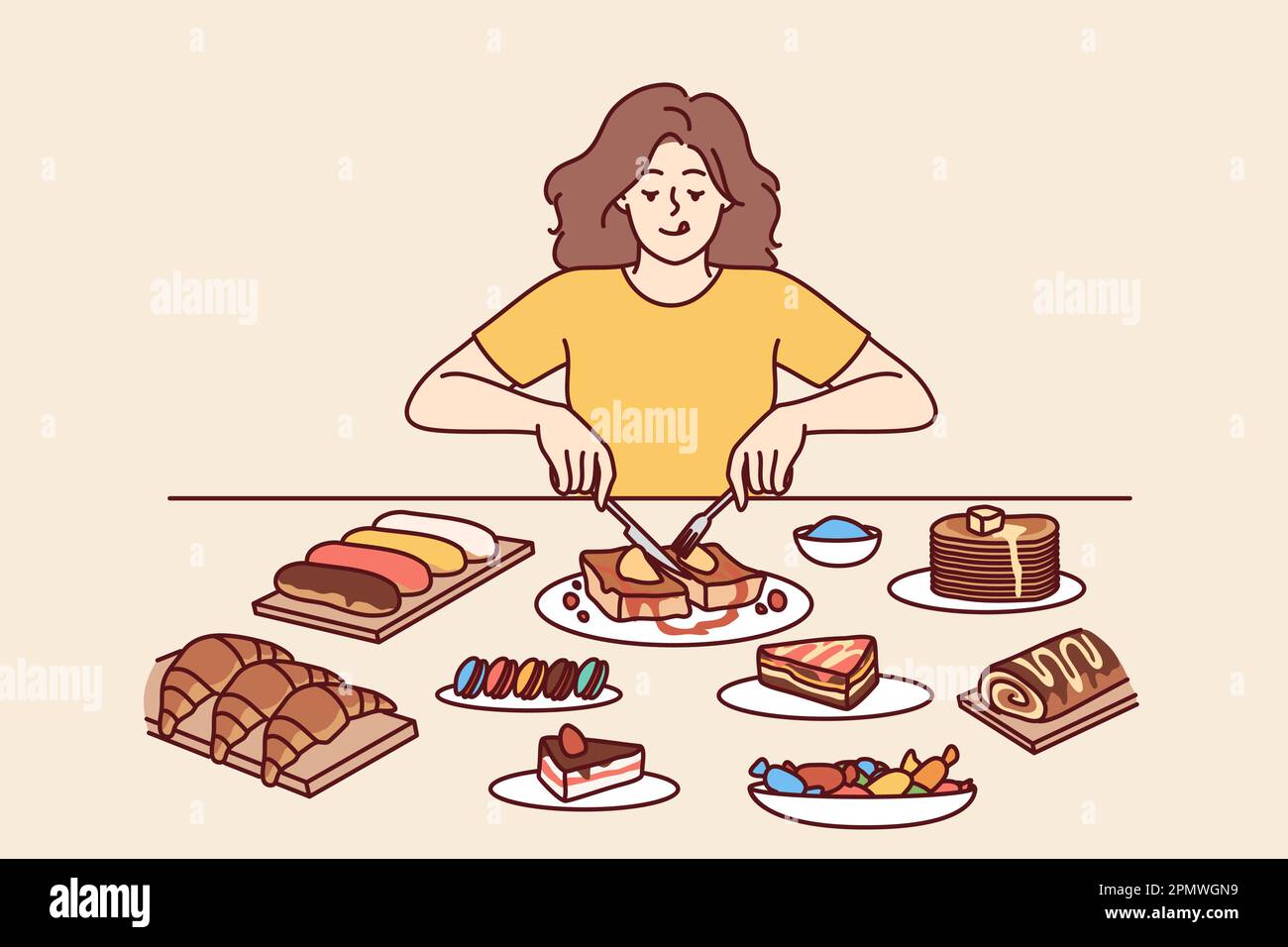 Frau isst zu viel Desserts am Tisch mit süßen, kalorienreichen Speisen, schmeckt Kuchen und Croissants und vergisst die Ernährung. Das Mädchen isst Nachspeisen während des Betrugs, ohne Angst vor Gewichtszunahme Stock Vektor