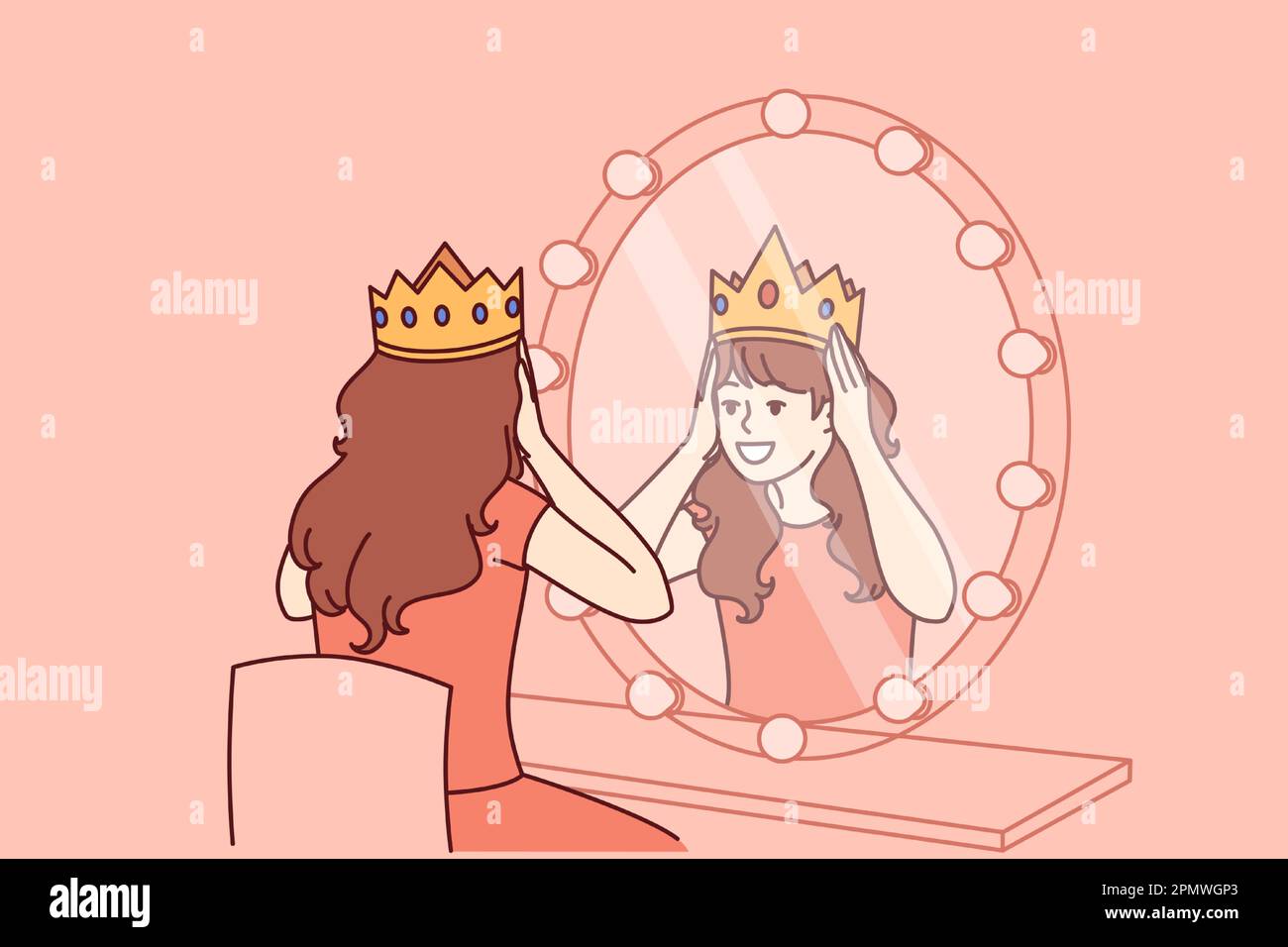 Die kleine Schauspielerin versucht, die Krone im Ankleideraum mit Spiegel zu tragen und träumt davon, die Rolle der Prinzessin auf der Theaterbühne zu spielen. Ein Teenager setzt die Prinzessinnenkrone auf den Kopf und träumt davon, unter Königen zu leben Stock Vektor