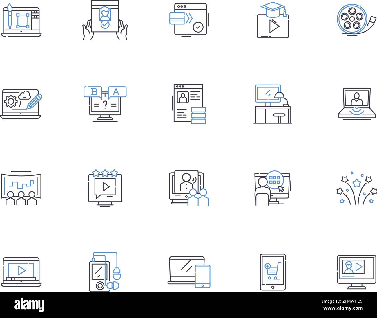 Sammlung von Symbolen der Medienstruktur. Medien, Journalismus, Rundfunk, Zeitungen, Radio, Konzeptset Fernsehen, Soziales Vektor und Illustration. Internet Stock Vektor