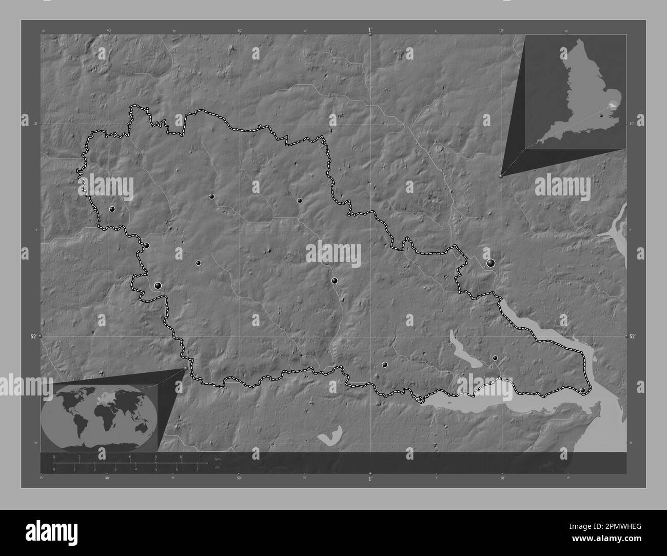 Babergh, nicht-Großstadtbezirk von England - Großbritannien. Bilevel-Höhenkarte mit Seen und Flüssen. Standorte der wichtigsten Städte der Region. C Stockfoto