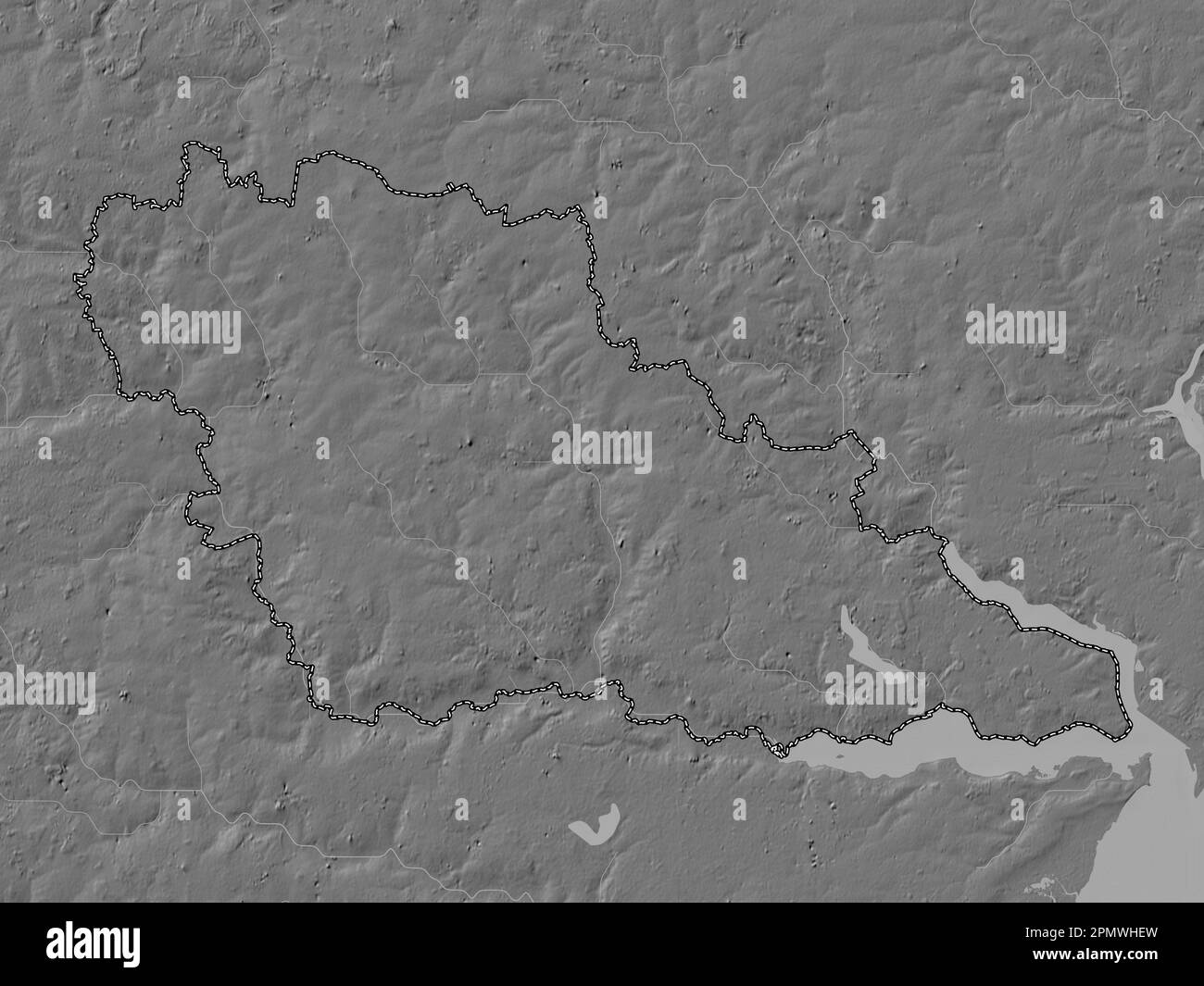 Babergh, nicht-Großstadtbezirk von England - Großbritannien. Bilevel-Höhenkarte mit Seen und Flüssen Stockfoto