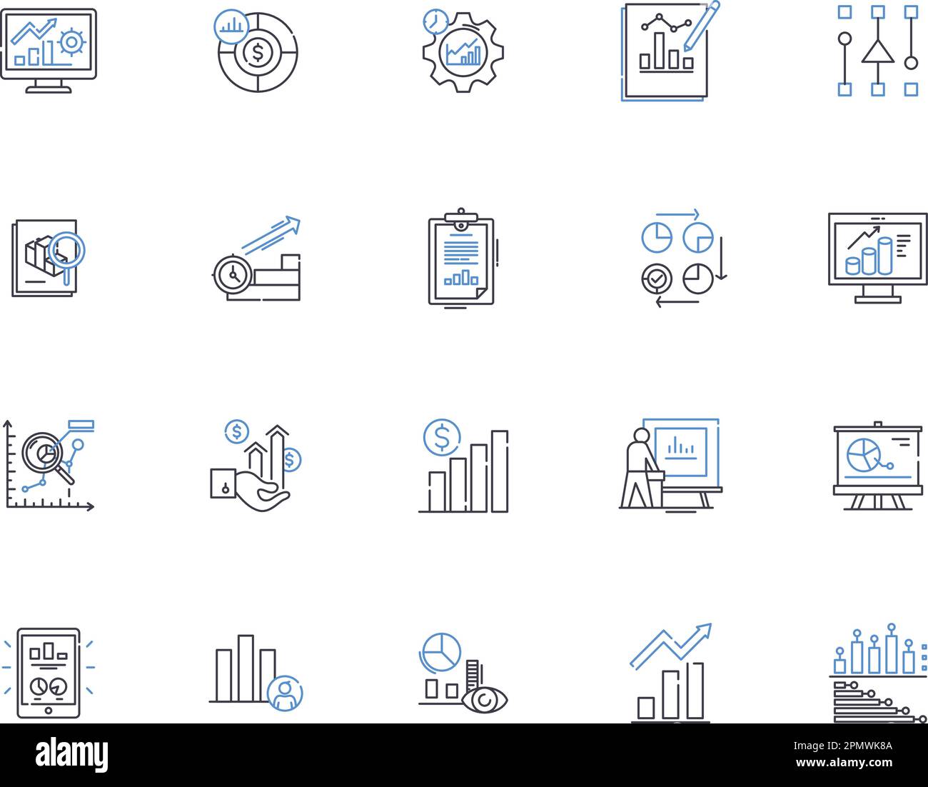 Sammlung von Symbolen für die Datenvisualisierung. Daten, Visualisierung, Diagramm, Diagramm, Karte, Plot, Diagrammvektor und Illustration Konzept Set. Analyse,Tabelle Stock Vektor