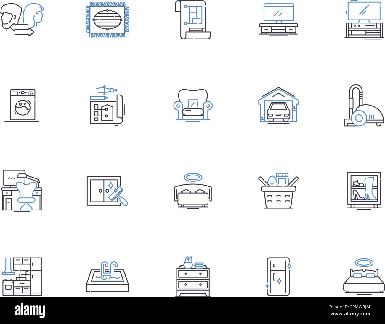 Symbolsammlung der persönlichen Gliederung. Haus, Wohnraum, Wohnung, Wohnsitz, Domäne, Unterschlupf, Haven-Vektor- und Illustrationskonzept-Set. Nest, Den, heimelig linear Stock Vektor