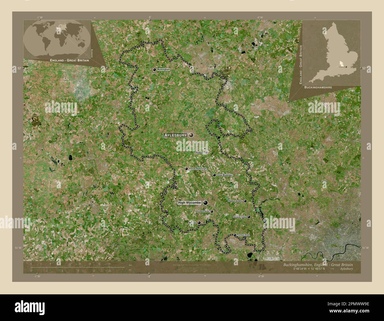 Buckinghamshire, Verwaltungsbezirk England - Großbritannien. Hochauflösende Satellitenkarte. Standorte und Namen der wichtigsten Städte der Region. C Stockfoto