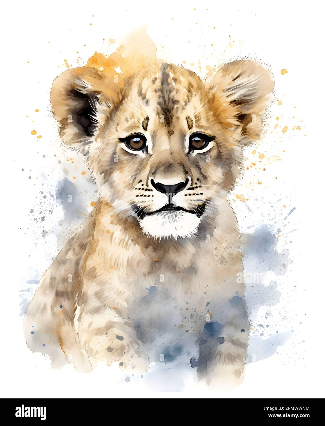 Süßes Löwenjunges in Aquarellfarben. Poster für Kinder mit lustigen und glücklichen Tieren. Stockfoto