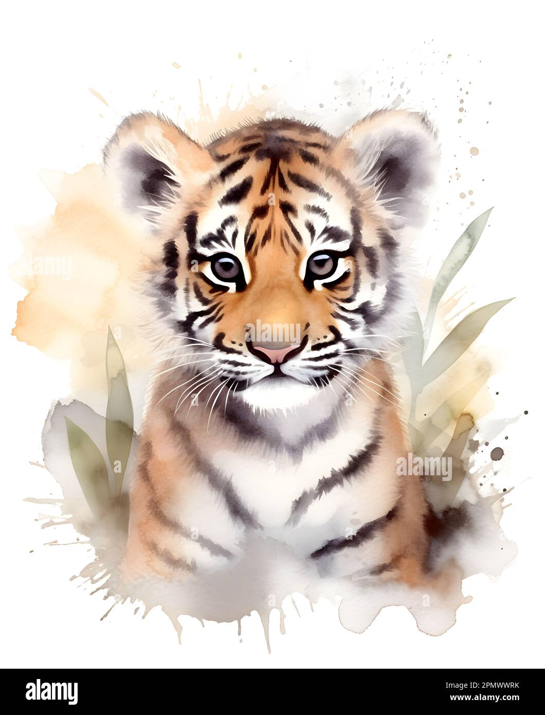 Süßes Baby-Tiger-Aquarell-Bild. Poster für Kinder mit lustigen und glücklichen Tieren. Stockfoto