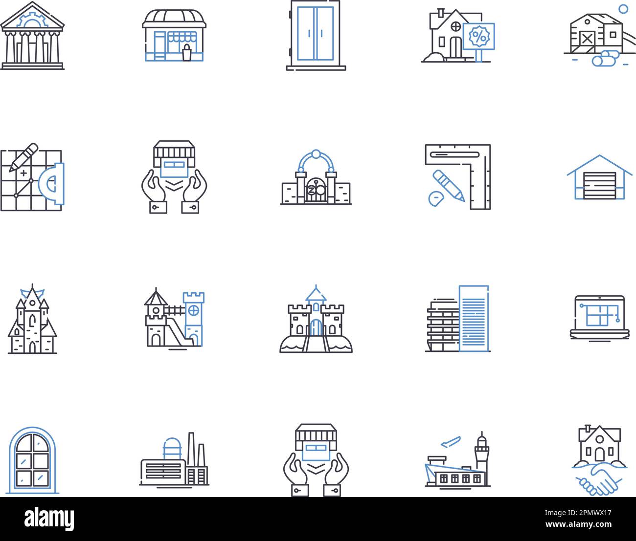 Symbolsammlung für Gebäudekonturen. Architektur, Strukturen, Bauwerke, Skylines, Infrastrukturen, Wolkenkratzer, Fassadenvektor und Illustration Stock Vektor