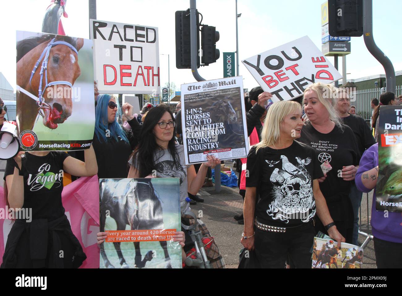 Animal Rising Action for Animals Protestgruppe, die den Grand National stört. Tierschützer in Liverpool, Merseyside, Großbritannien. April 2023. Grand National Meeting Aintree Demonstrationen und Opposition am Haupteingang der Aintree Racecourse. Stockfoto