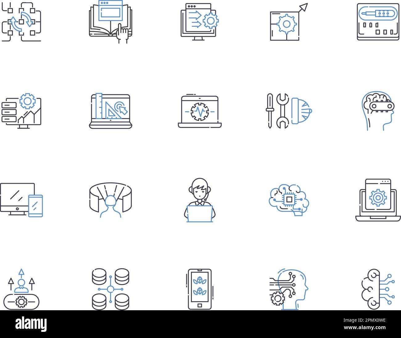 Sammlung von Programmsymbolen. Programm, Programm, Programmierung, Pläne, Skripte, Algorithmen, Codes, Vektor und Illustrationskonzept. Fließfähigkeit Stock Vektor