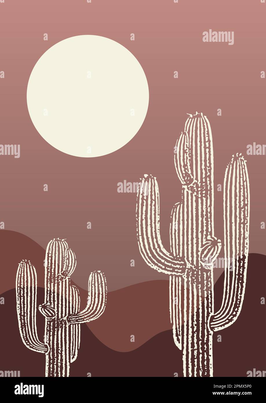 Poster zeitgenössischer ästhetischer Kaktus in Wüstenlandschaft. Stock Vektor