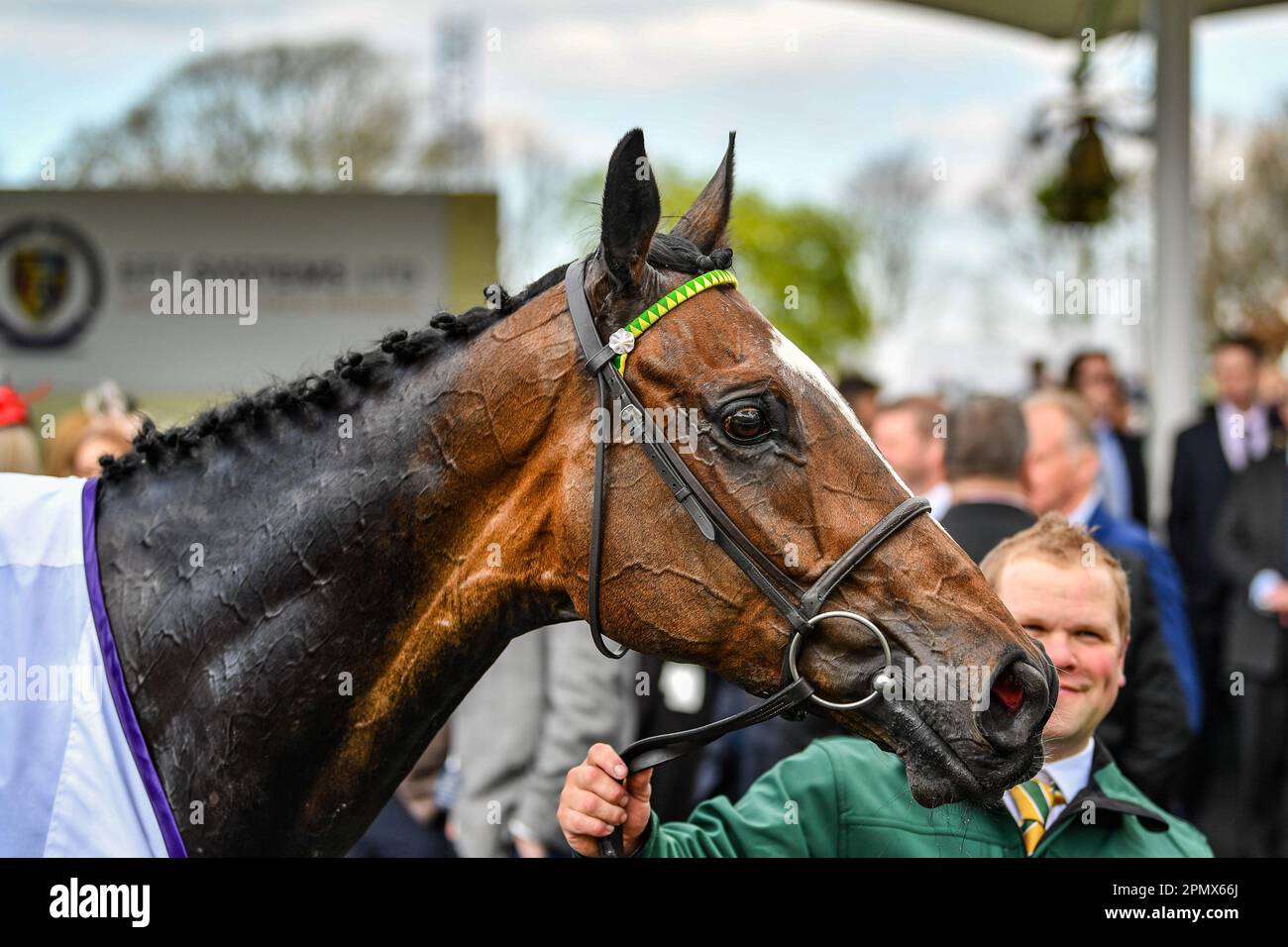15. April 2023; Aintree Racecourse, Aintree, Merseyside, England: 2023 Grand National Festival Day 3; Gewinner von EFT Systems Maghull Novice' Chase (Stufe 1) (Klasse 1) (Turf) Jonbon reitet von Adam Wedge trainiert von L J Morgan Stockfoto