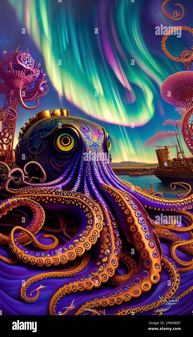 Fantasy Octopus, der die Aurora Borealis beobachtet Stockfoto
