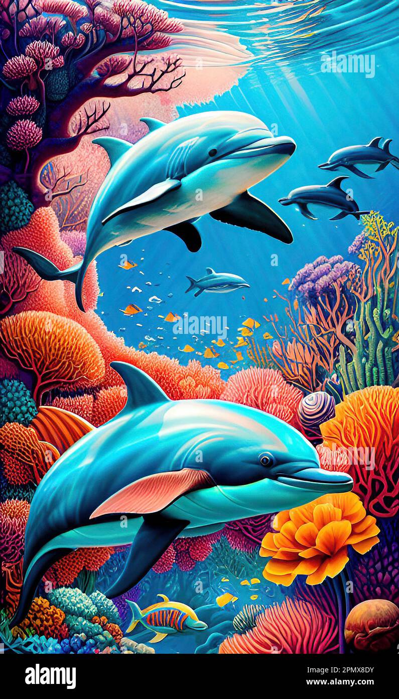 Delfine Schwimmen Durch Coral Reef Art Stockfoto