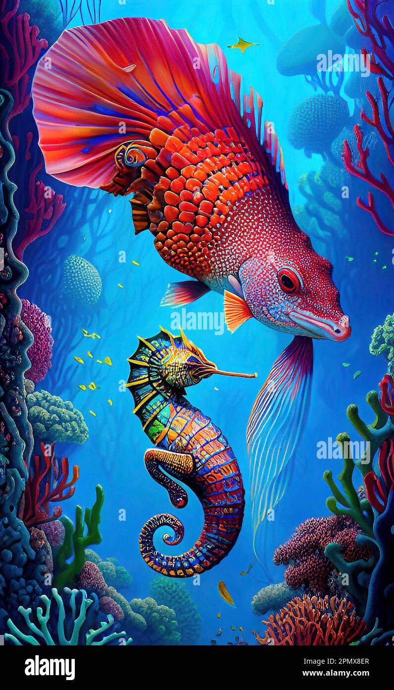 Tropische Rifffische und Seepferdchen Korallenriff-Kunst Stockfoto