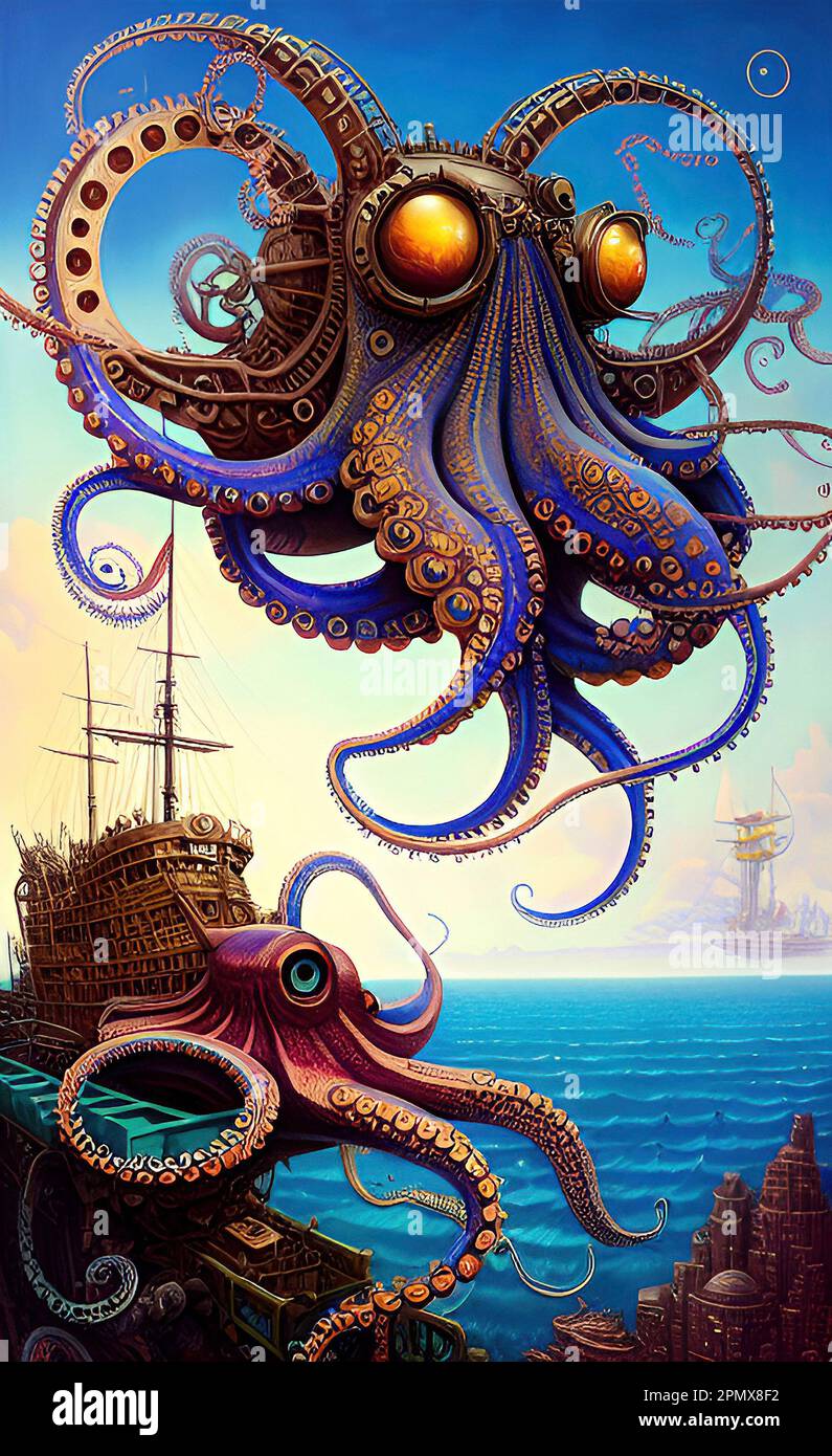 Fantasy Flying Steampunk Octopus und Steampunk Octopus Ship Stockfoto