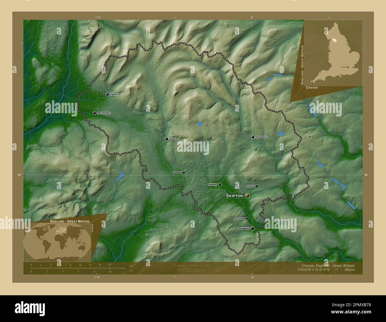 Craven, nicht-Großstadtbezirk von England - Großbritannien. Farbige Höhenkarte mit Seen und Flüssen. Standorte und Namen der wichtigsten Städte des Stockfoto