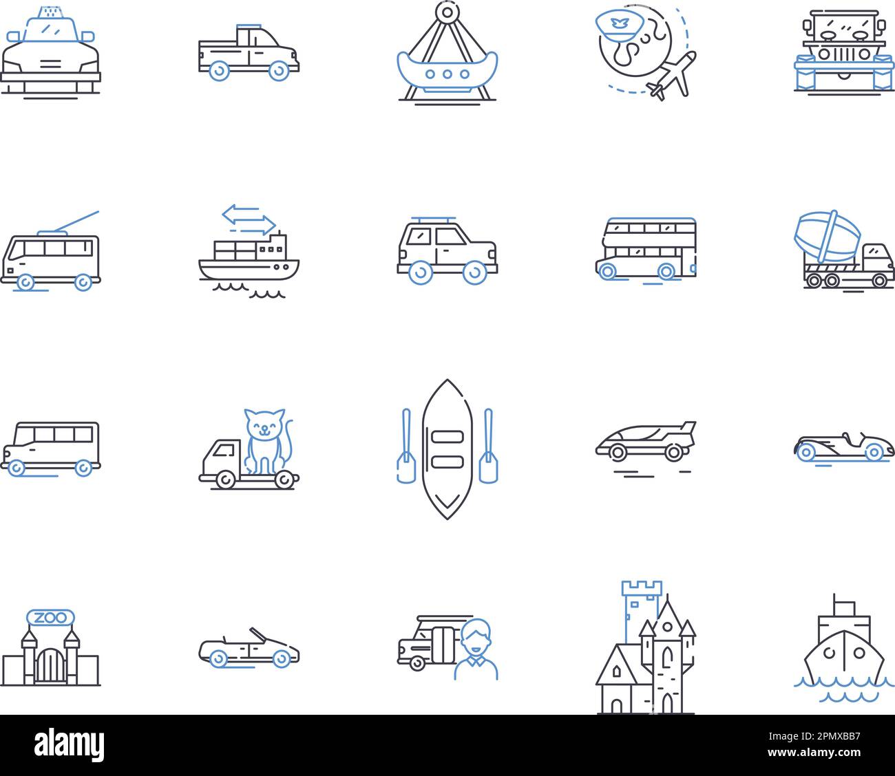 Symbolsammlung für Transport und Tour. Transport, Tour, Reise, Bus, Taxi, Konzeptset Auto, Schienenvektor und Illustration. Flug, Fluggesellschaft, Kreuzfahrt Stock Vektor