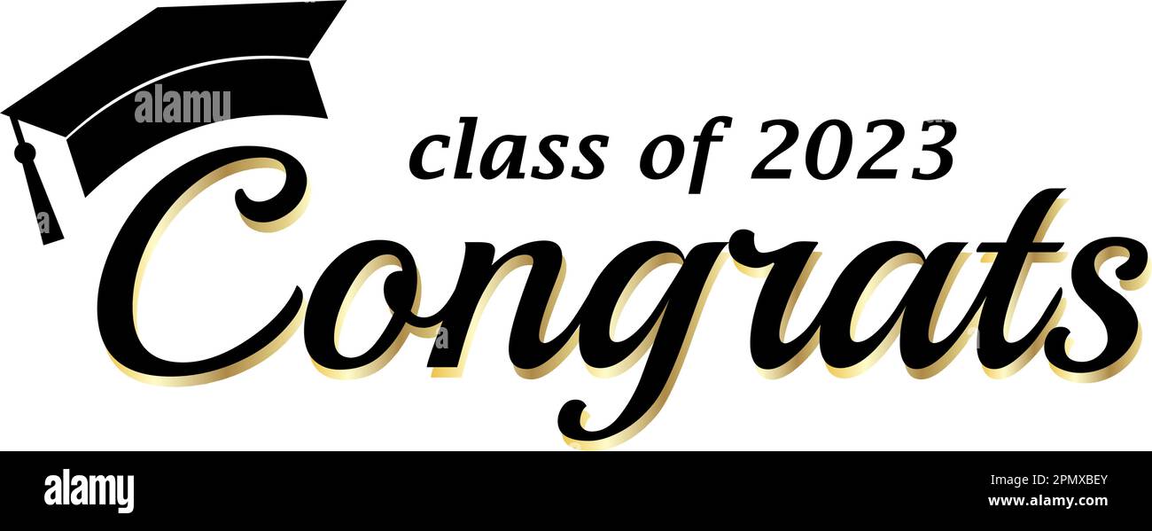 Gratulation Absolventen Klasse 2023, schwarzer Text, Gold, Graduierungskappe, isolierter weißer Hintergrund, Banner, Karte Stock Vektor