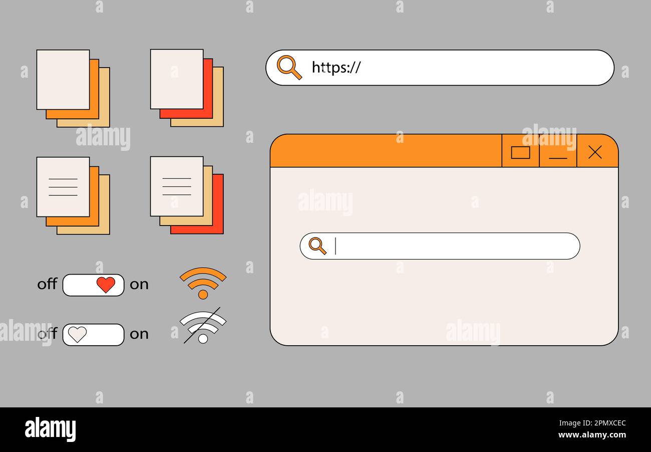 Retro Vaporwave alte Computer-ui-Elemente, 90s, nostalgische pc-Symbole, Knopf mit Herz, Suchpannel. Groovy 80s-Fensterästhetik Stock Vektor