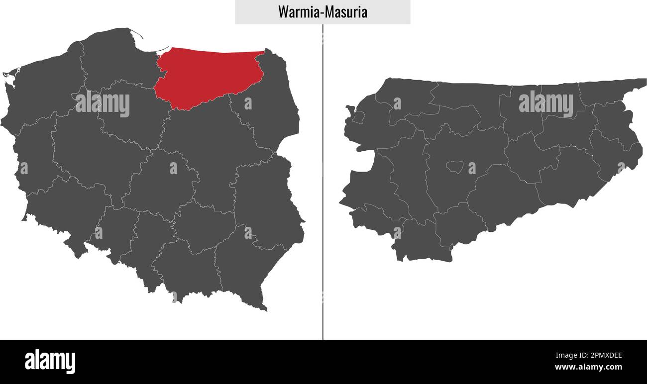 Karte der Woiwodschaft Warmia-Masuria in Polen und Lage auf polnischer Karte Stock Vektor