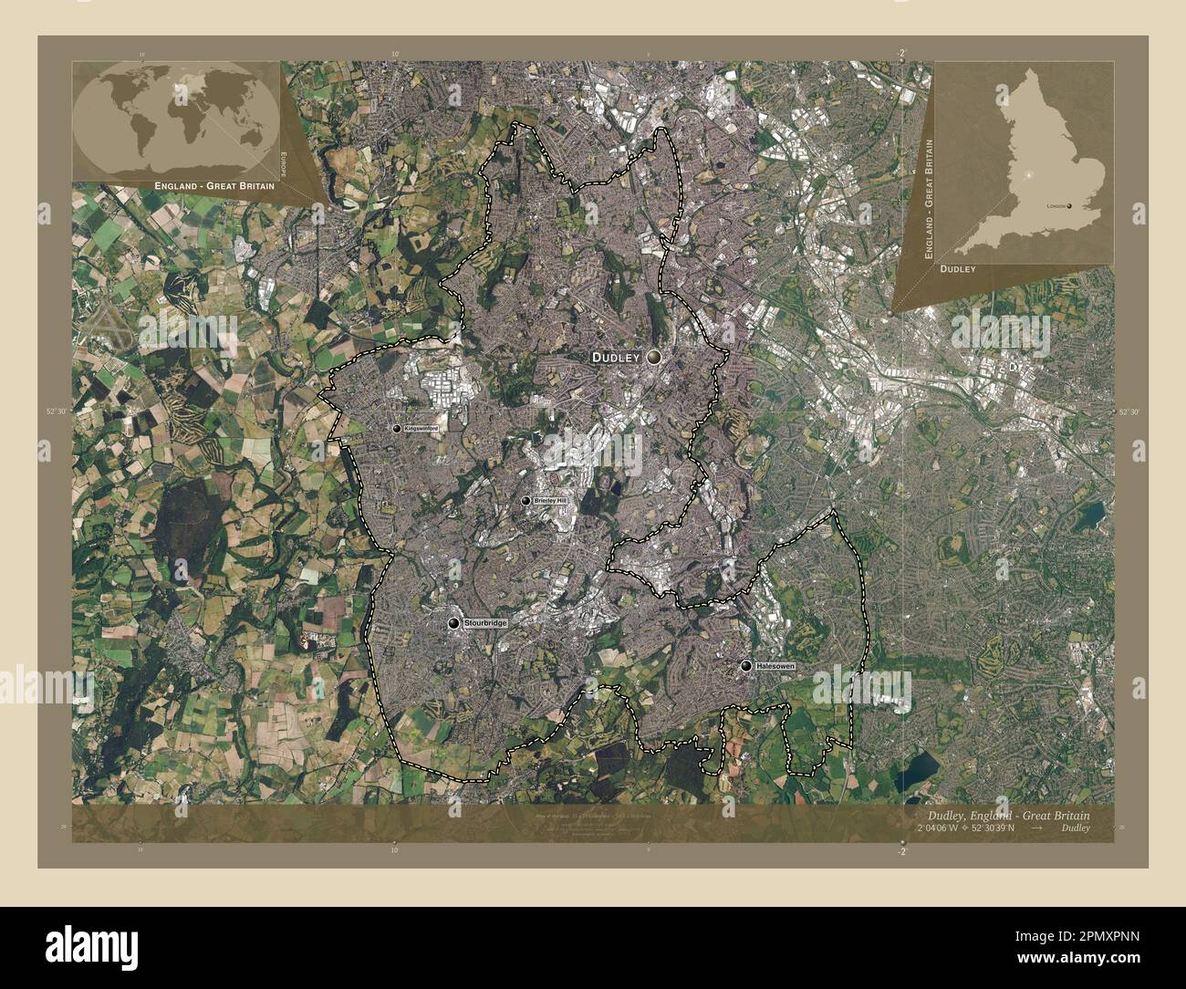 Dudley, Verwaltungsbezirk England - Großbritannien. Hochauflösende Satellitenkarte. Standorte und Namen der wichtigsten Städte der Region. Ecke Zusatzgeräte Stockfoto