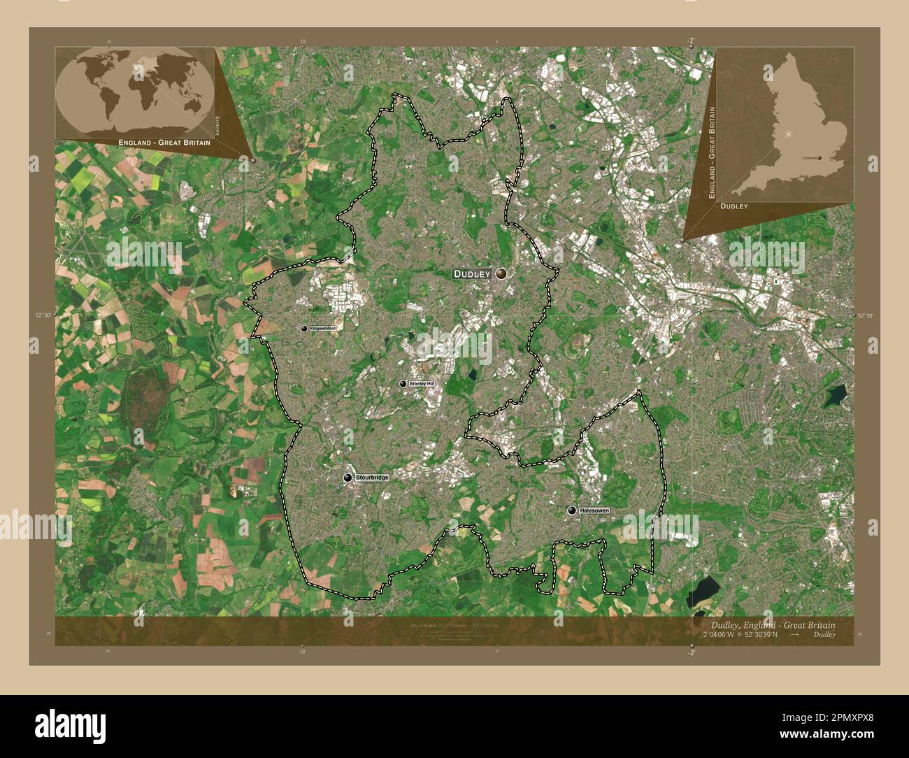 Dudley, Verwaltungsbezirk England - Großbritannien. Satellitenkarte mit niedriger Auflösung. Standorte und Namen der wichtigsten Städte der Region. Ecke Auxi Stockfoto
