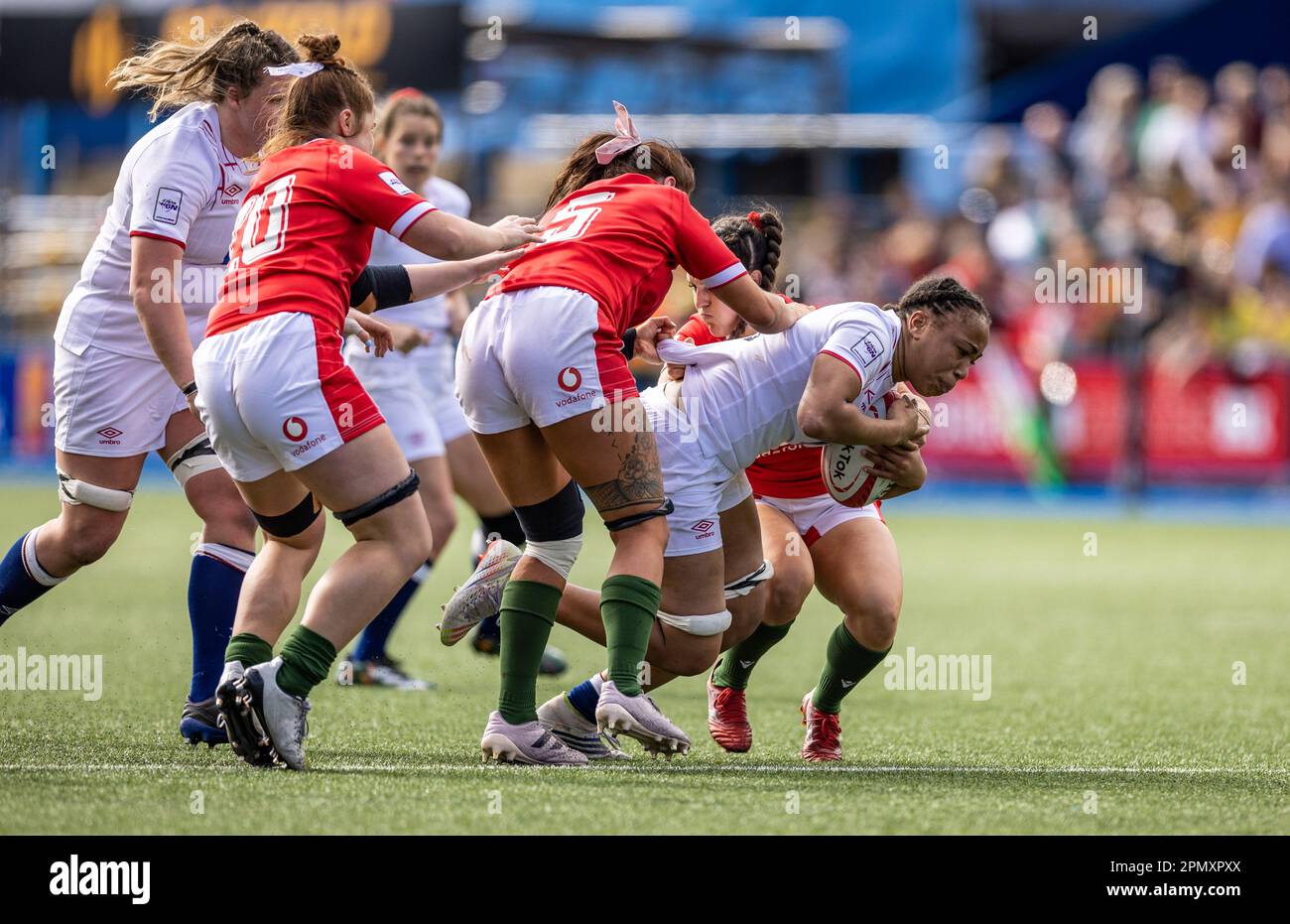 Die englische Sadia Kabeya wird in der dritten Runde des TikTok Women's Six Nations, Cardiff Arms Park, Cardiff, angegriffen. Foto: Samstag, 15. April 2023. Stockfoto