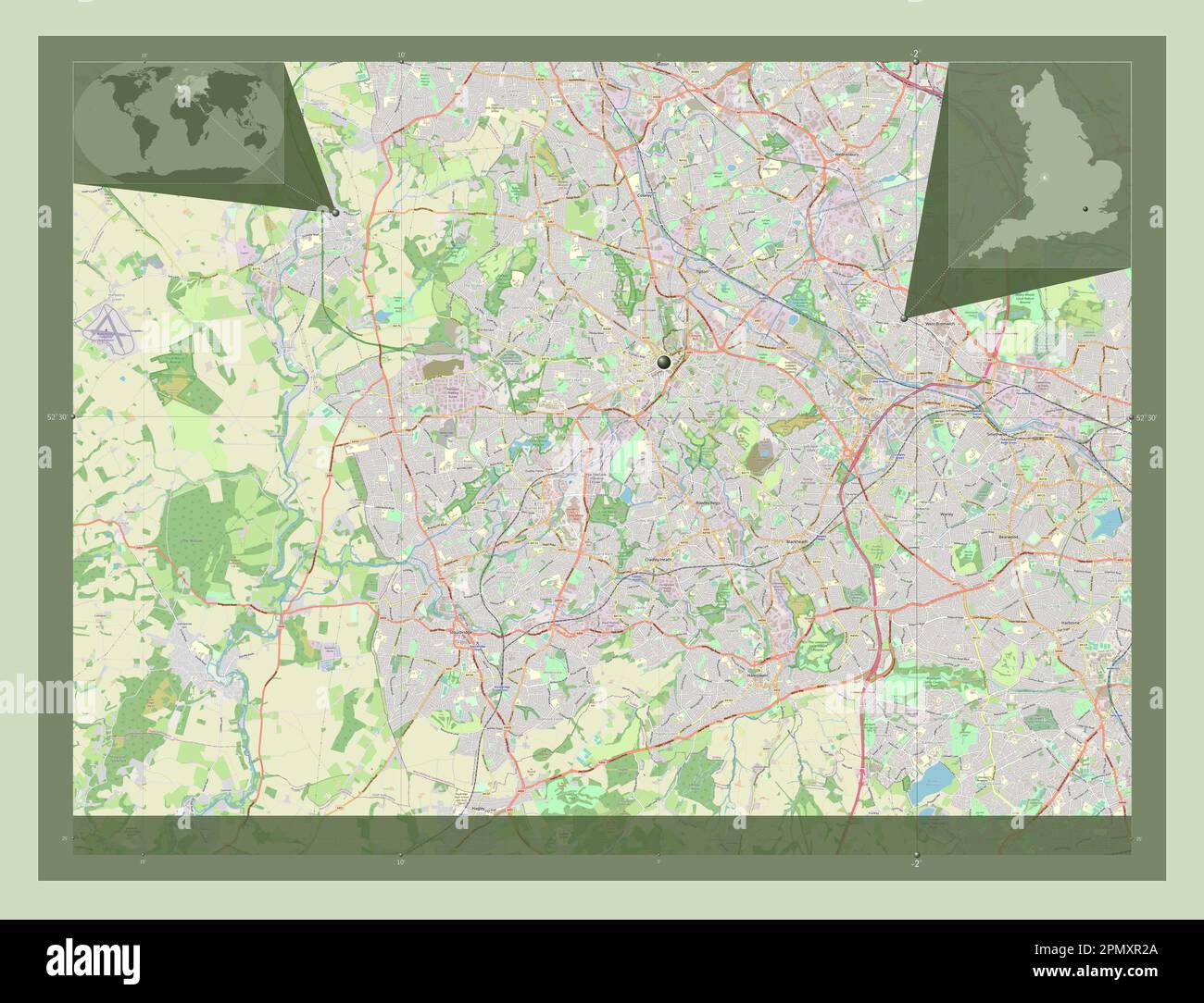 Dudley, Verwaltungsbezirk England - Großbritannien. Straßenkarte Öffnen. Eckkarten für zusätzliche Standorte Stockfoto