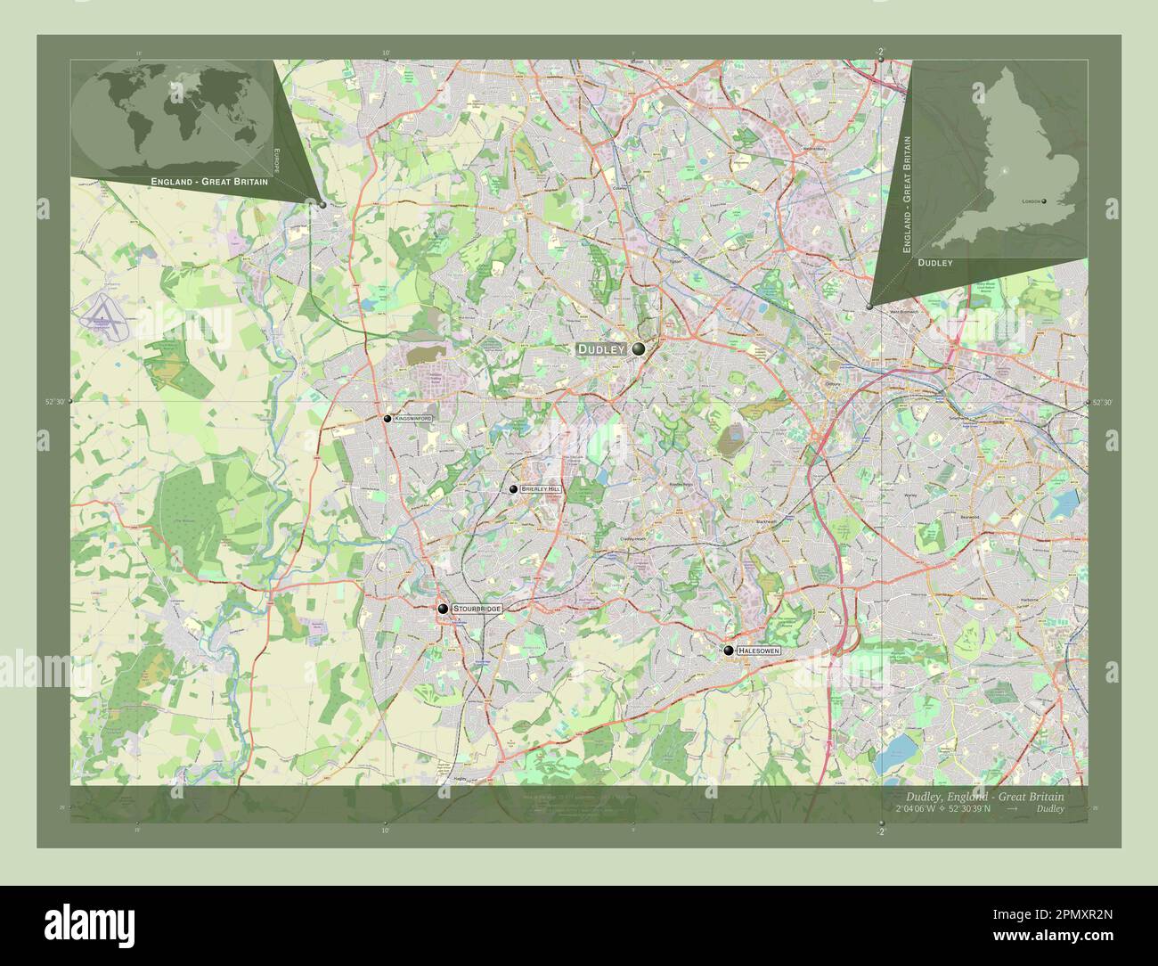 Dudley, Verwaltungsbezirk England - Großbritannien. Straßenkarte Öffnen. Standorte und Namen der wichtigsten Städte der Region. Zusätzliche Lage in der Ecke Stockfoto