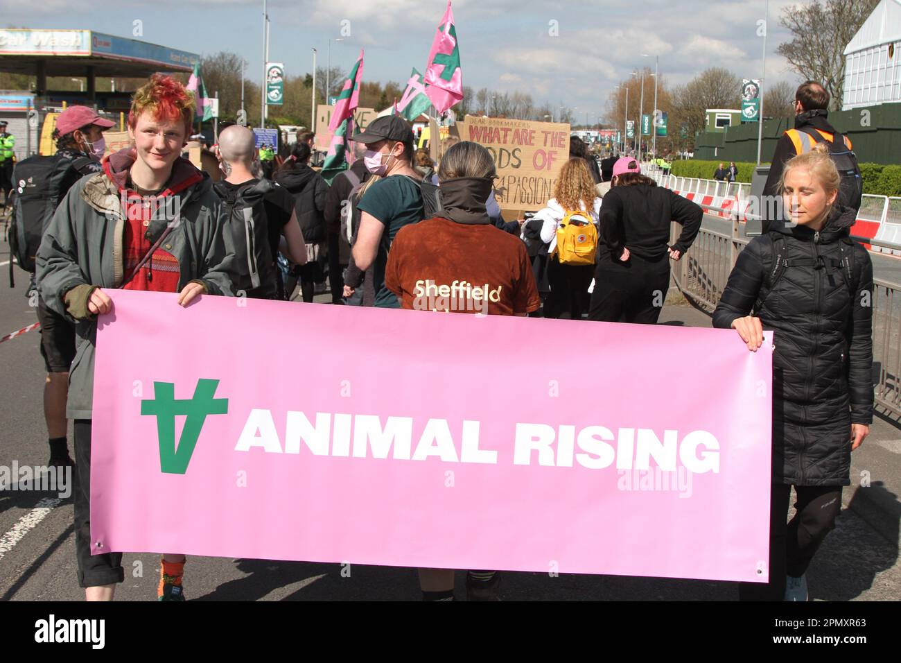 Animal Rising Action for Animals Protestgruppe, die den Grand National stört. Tierschützer in Liverpool, Merseyside, Großbritannien. April 2023. Grand National Meeting Aintree Demonstrationen und Opposition am Haupteingang der Aintree Racecourse. Stockfoto