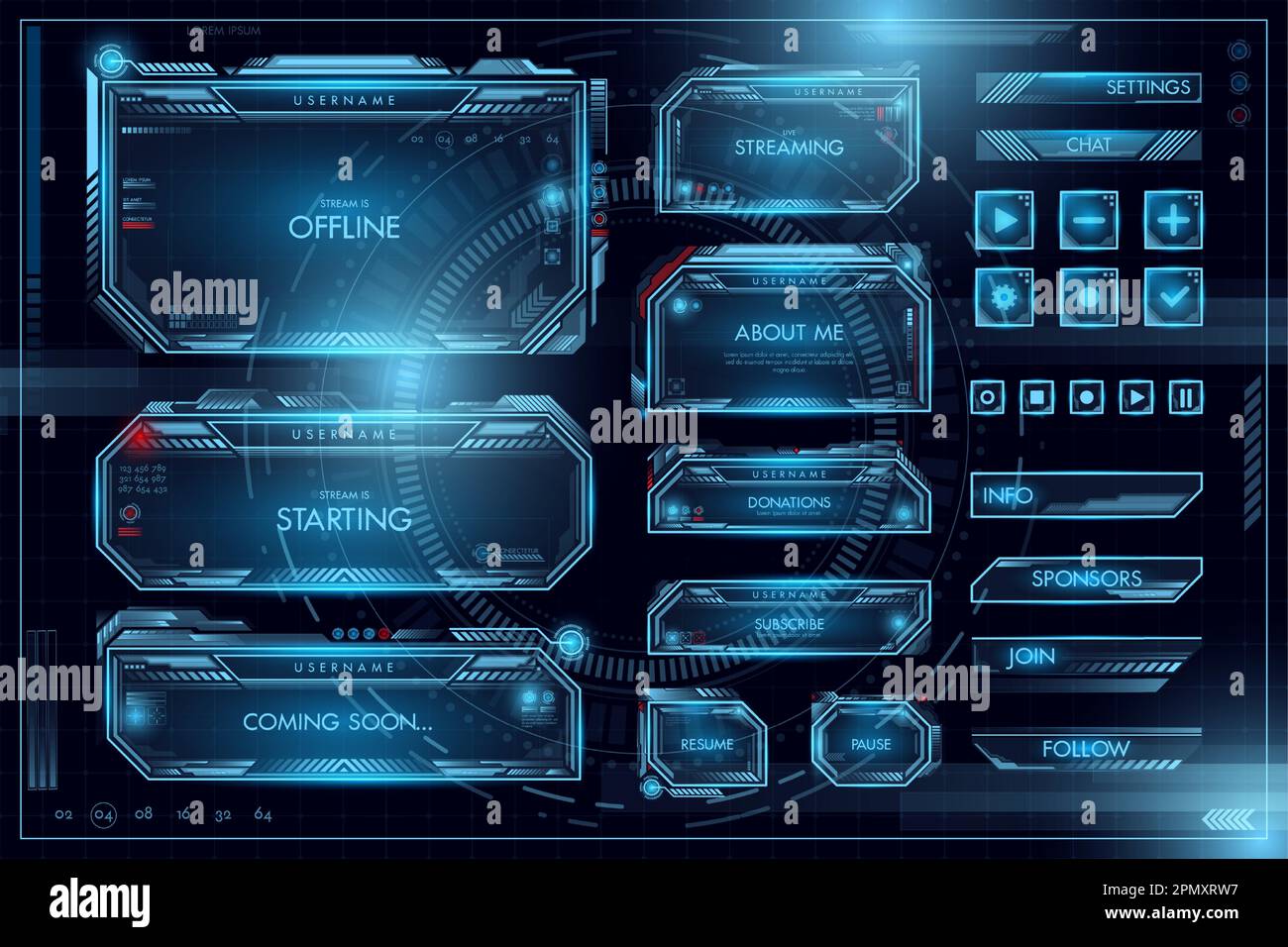 Spieloberfläche. Frames streamen. Digitale Technologie. Überlagern Sie Gamer-Tags für Zuckungen. Futuristische HUD-UI-Elemente festgelegt. Fahnenrand oder futuristische Bar. Blau leuchtende Knöpfe. Vektor-Hologramm-Tafelvorlagen Stock Vektor