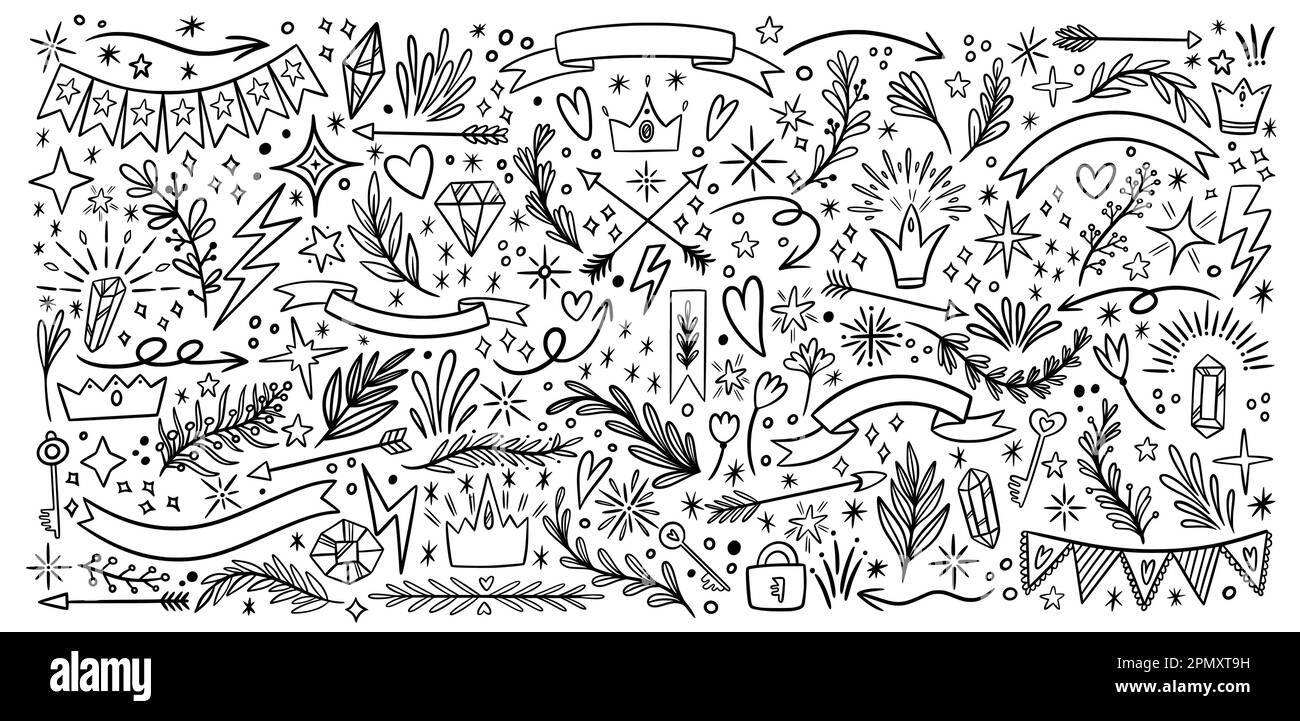 Doodle Heart, Glitzer und Sternensymbole. Handgezeichnete Beleuchtung mit Kritzelzeichnung, schwarze Pfeil- und Blumenelemente, einfache Striche, Diamanten und Kronen. Freihandformen. Sammlung von Symbolen für Vektordarstellungen Stock Vektor
