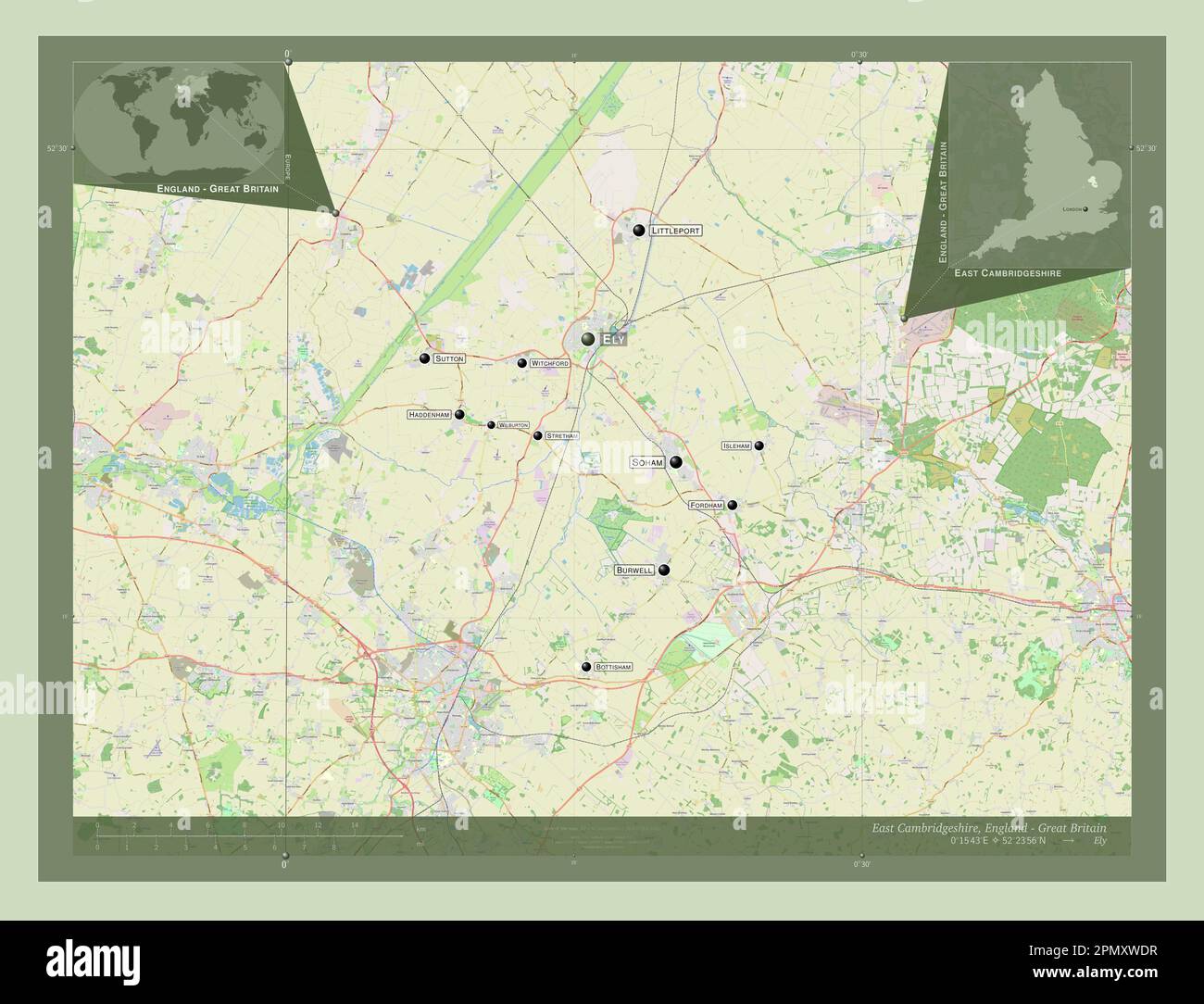 East Cambridgeshire, nicht-Metropolregion von England - Großbritannien. Straßenkarte Öffnen. Standorte und Namen der wichtigsten Städte der Region. Ecke Stockfoto