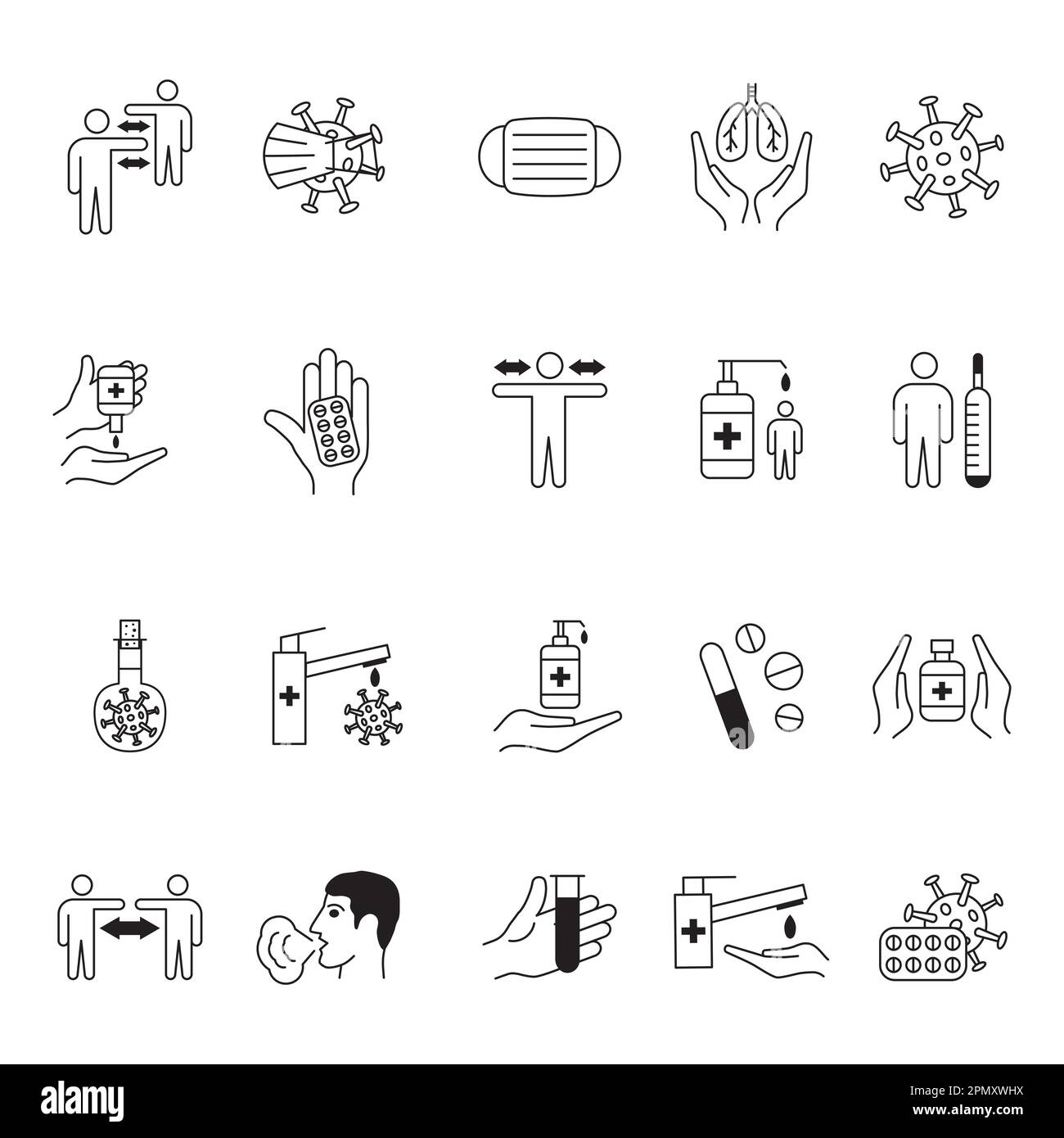 Covid-19-Liniensymbole. Corona-Virus-Symbole. Gesundheitsschutz. Medizinische Gesichtsmaske. Handwäsche. Desinfektionsflasche. Thermometer für Temperaturprüfung. Menschen in Quarantäne. Piktogramme für Umrisse eingestellt. Vektorlinien Stock Vektor