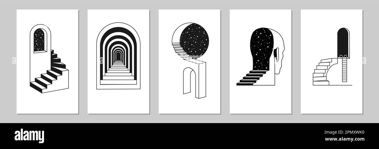 Surreales Cover-Design, unendliche Poster. Treppen und Leitern bilden Skulpturen, Bogen und Türen monochromes Universum. Karten mit minimalem Design. Geometrische Figurenformen, Vektorabstrakte moderne Banner Stock Vektor