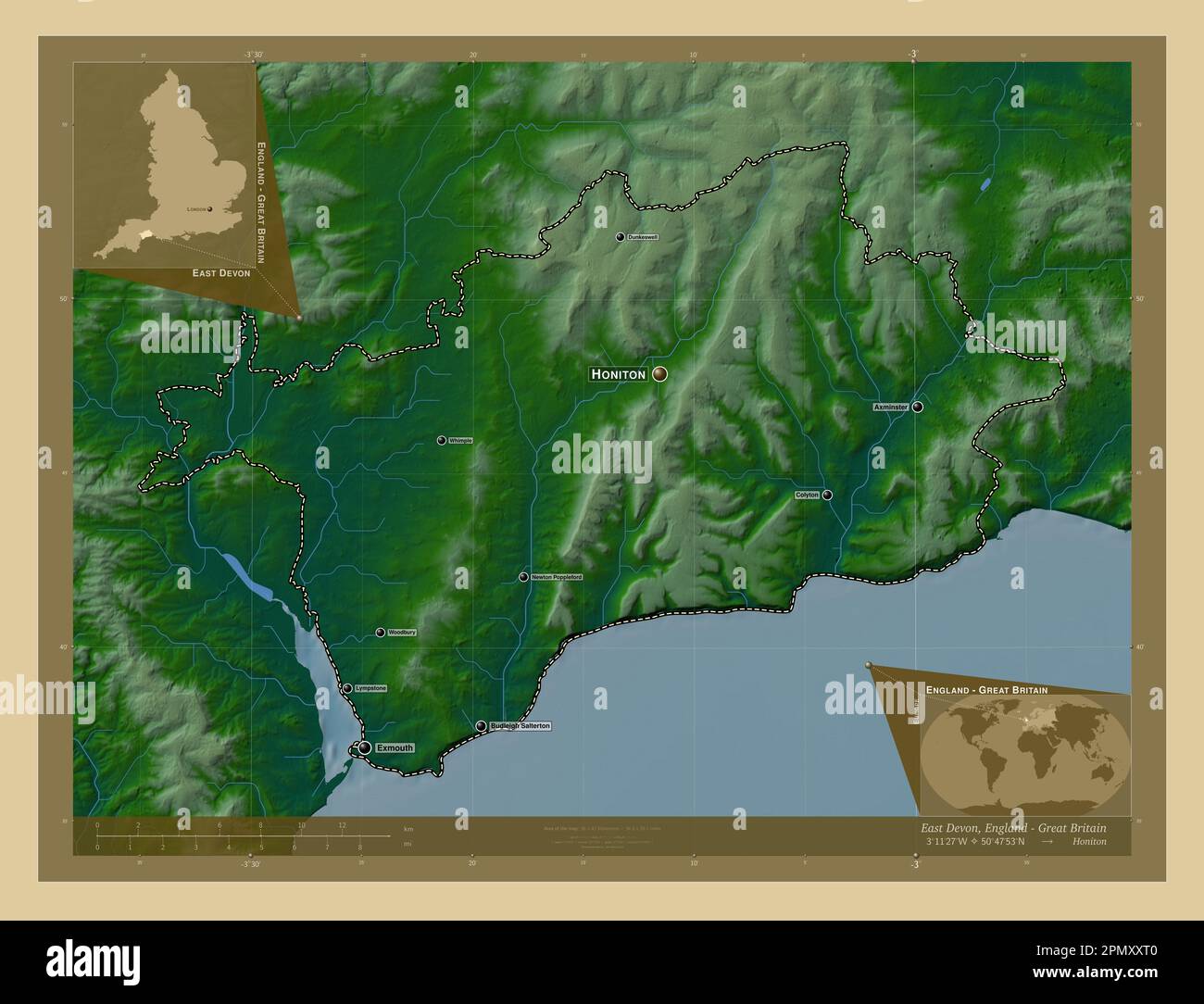 East Devon, nicht-Metropolitan District von England - Großbritannien. Farbige Höhenkarte mit Seen und Flüssen. Standorte und Namen der wichtigsten Städte von Stockfoto