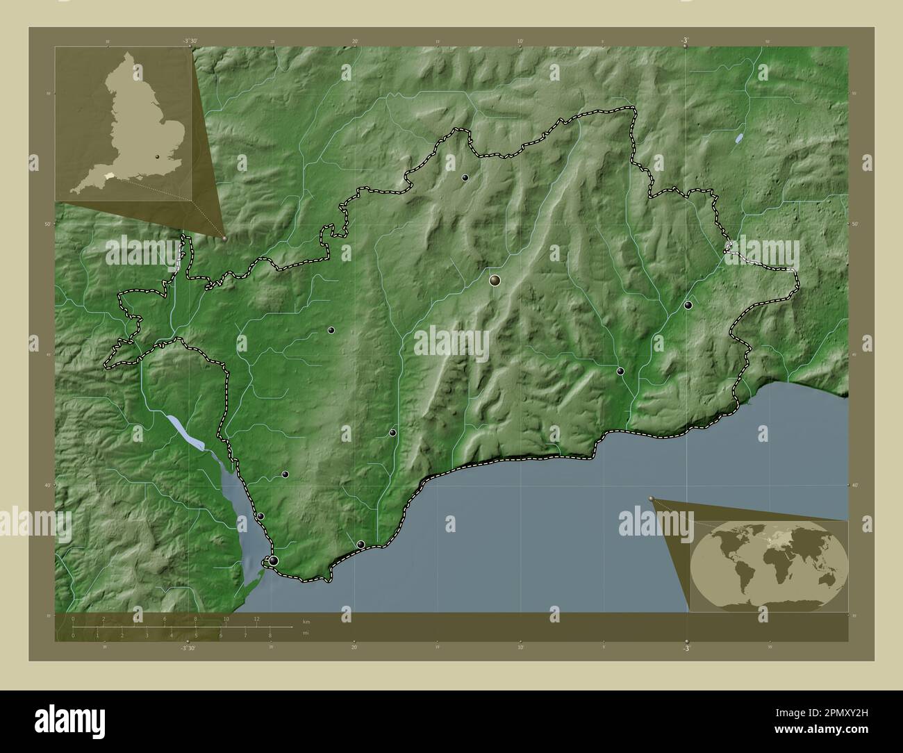 East Devon, nicht-Metropolitan District von England - Großbritannien. Höhenkarte im Wiki-Stil mit Seen und Flüssen. Standorte von Großstädten Stockfoto